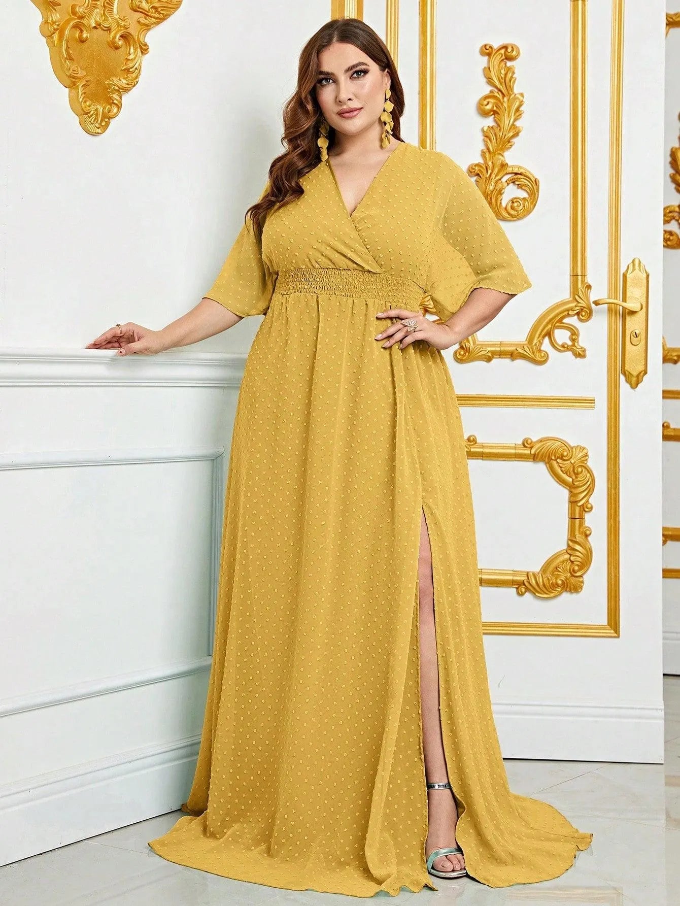 Plus Butterfly Sleeve Swiss Dot Split Thigh Chiffon Dress