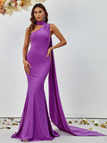 Elegant One Shoulder Ruched Draped Side Mermaid Party Dress - Elonnashop