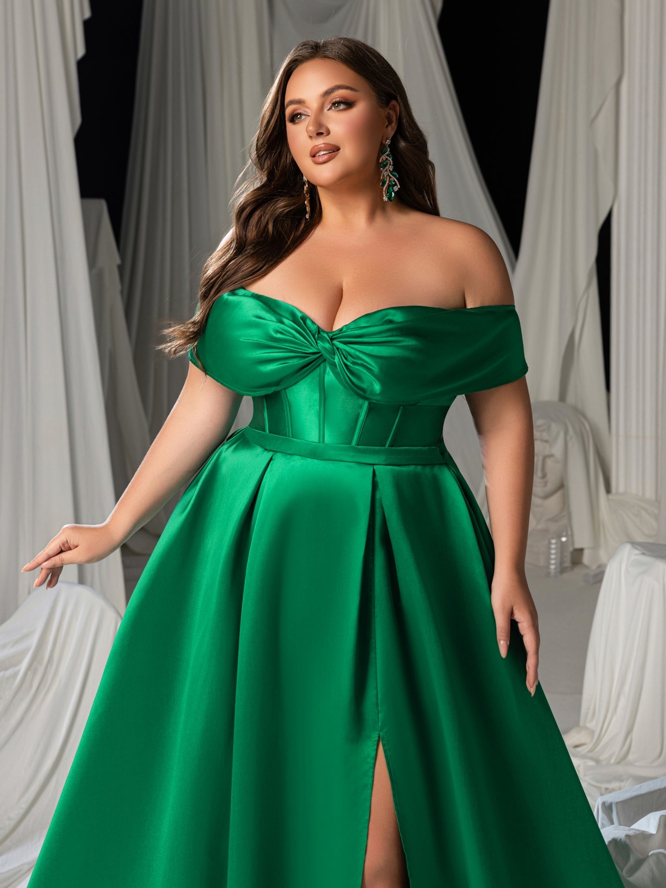 Plus Women's Satin Off-Shoulder Evening Dress | High Slit & Back Lacing Gown