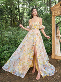 Elegant Off Shoulder Puff Sleeves Floral Printed Organza Slip Prom Dress