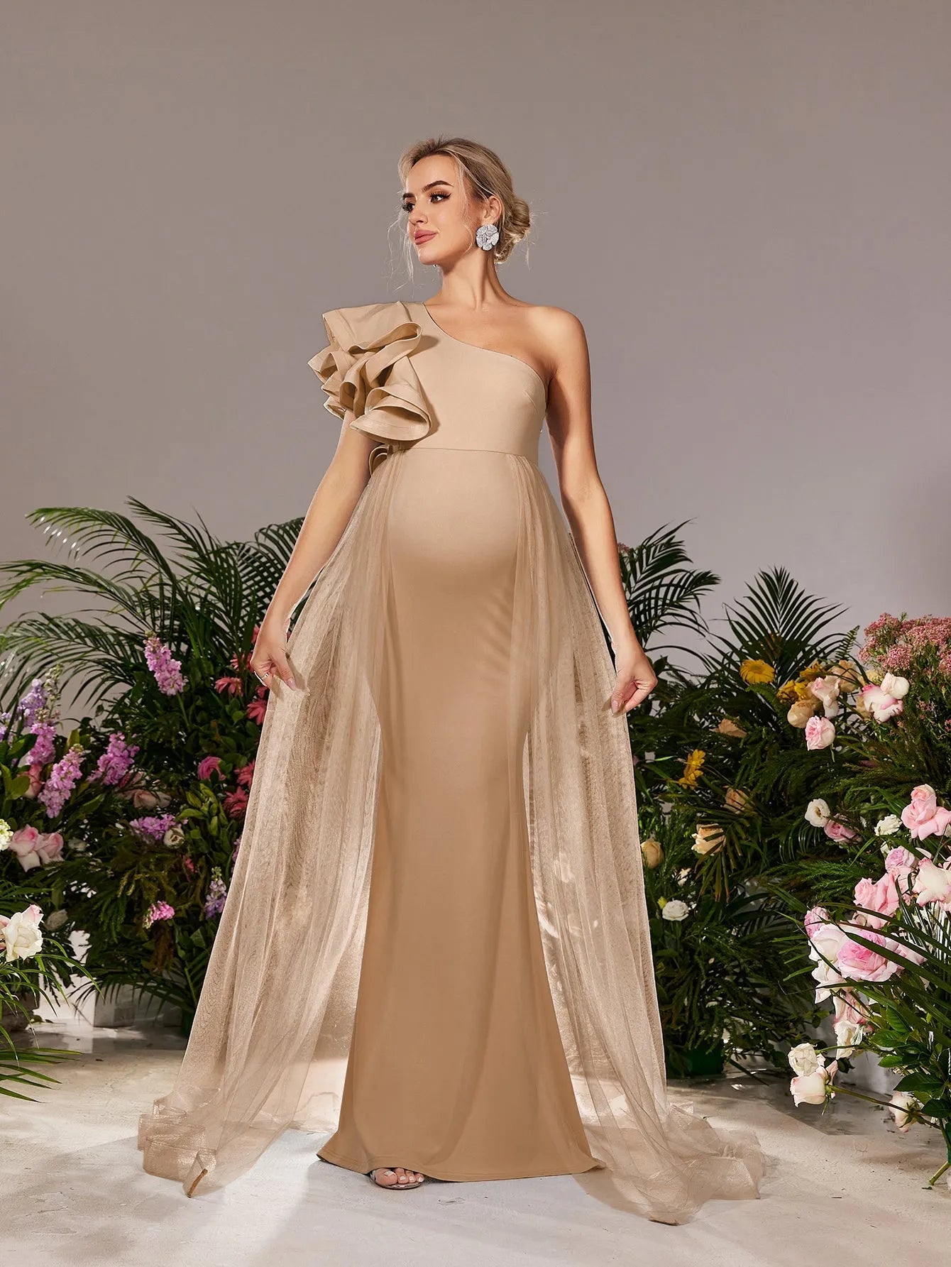 Maternity One Shoulder Ruffle Trim Mesh Overlay Mermaid Party Dress