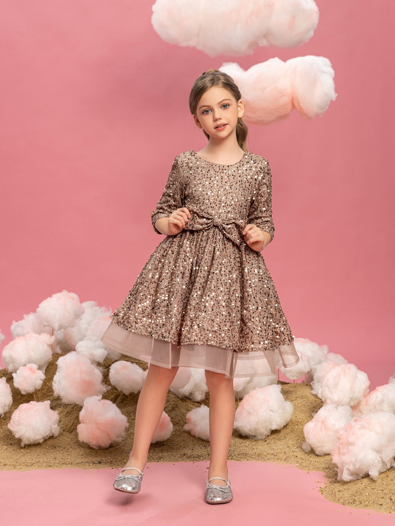 Tween Girls' Bow Detail 3/4 Sleeve Sequin Party Dress