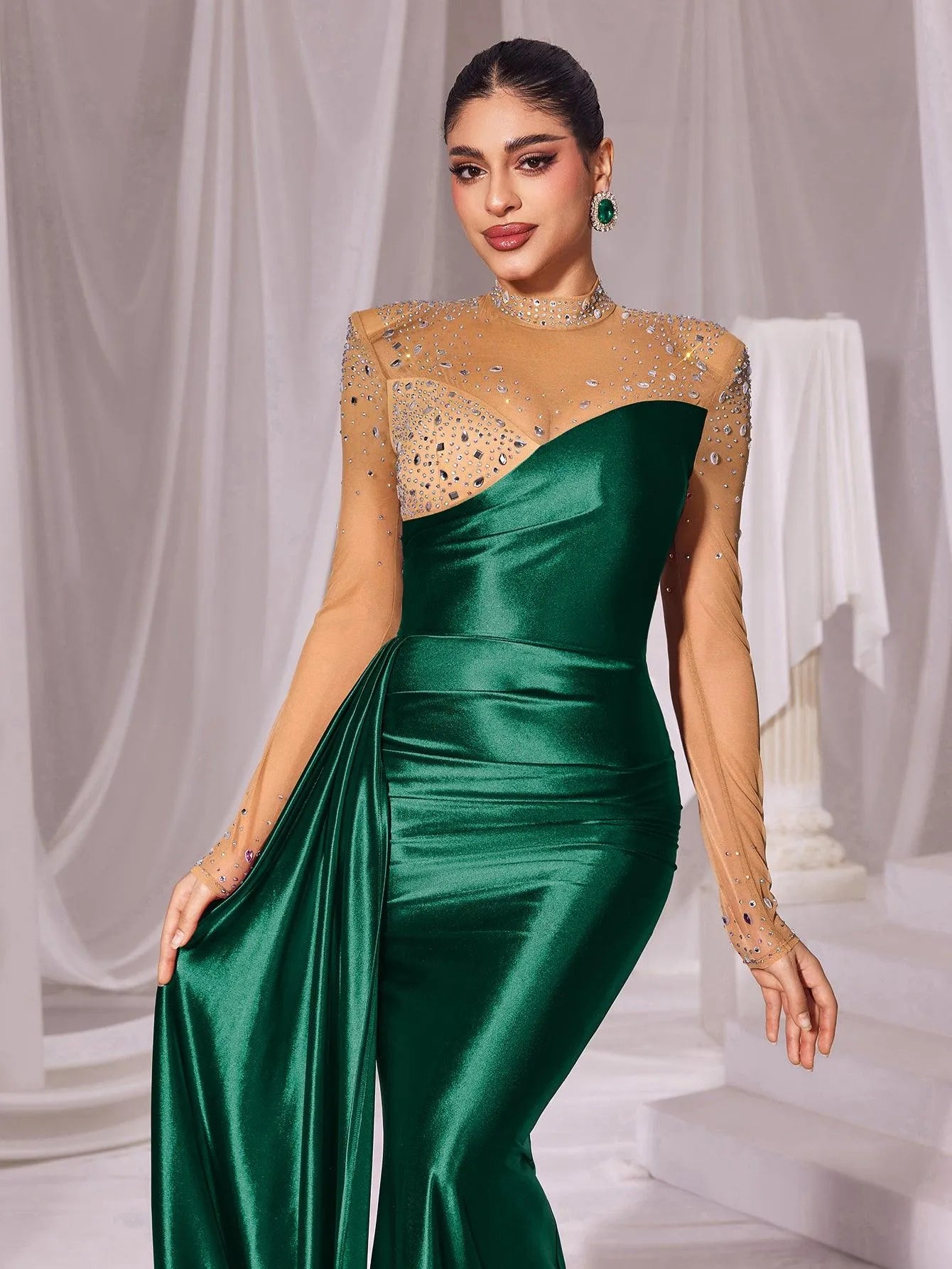 Rhinestone Detail Mock Neck Satin Mermaid Prom Dress - Elonnashop