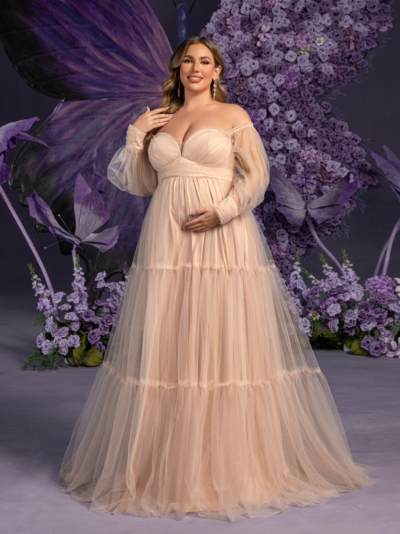 Plus Maternity Off Shoulder Bishop Sleeves Layered Tulle Photography Dress