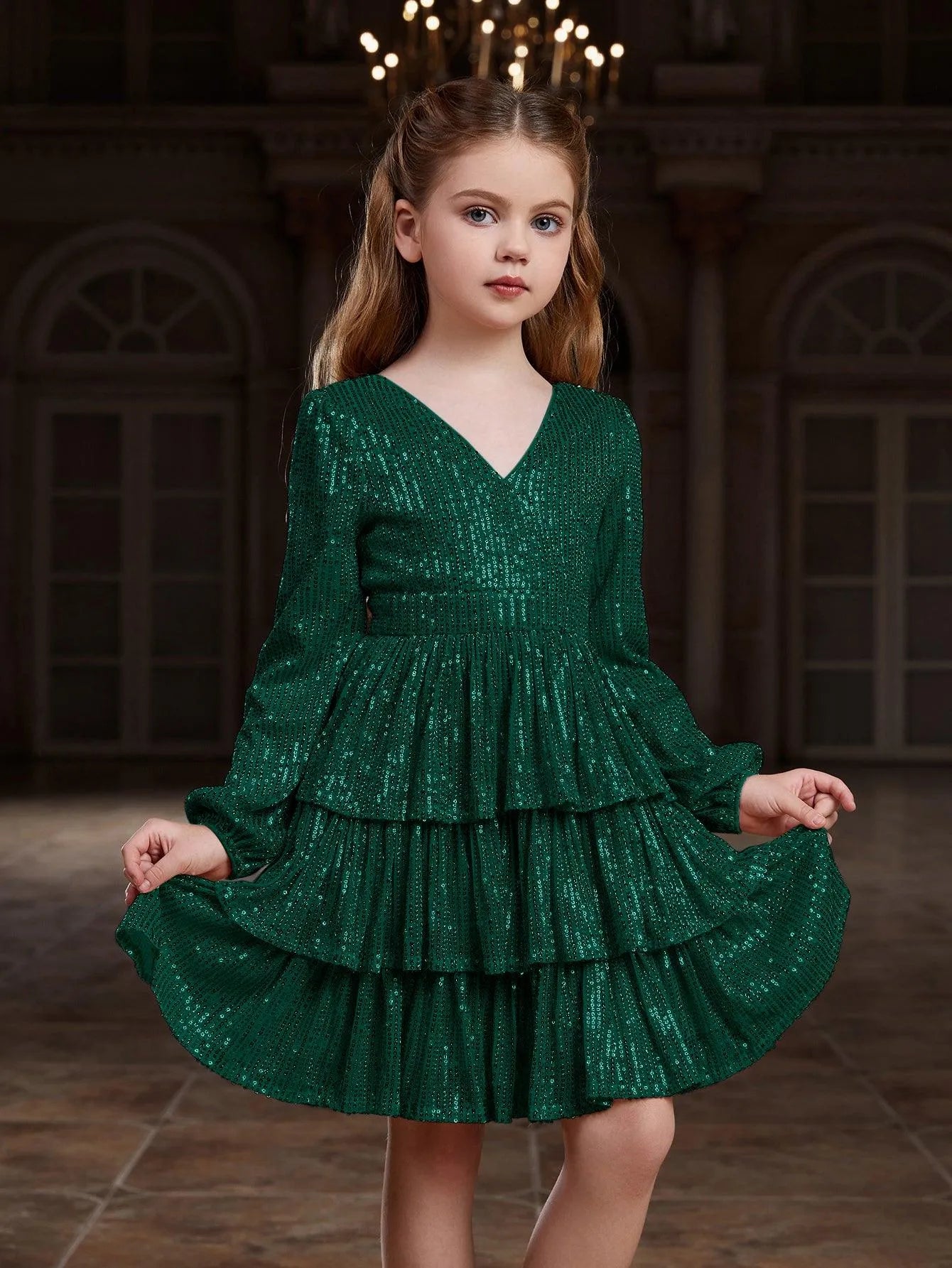 Tween Girls' Backless V Neck Layered Hem Sequin Party Dress - Elonnashop