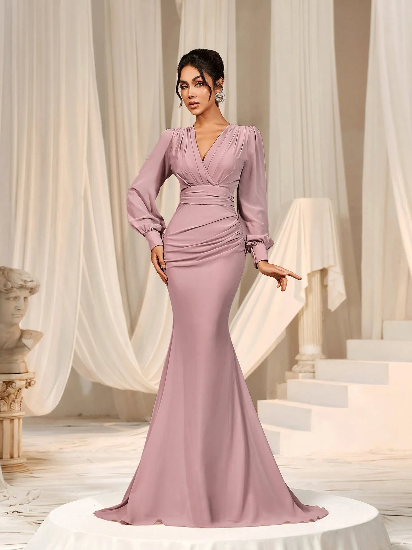 Surplice Neck Lantern Sleeve Chiffon Mermaid Dress