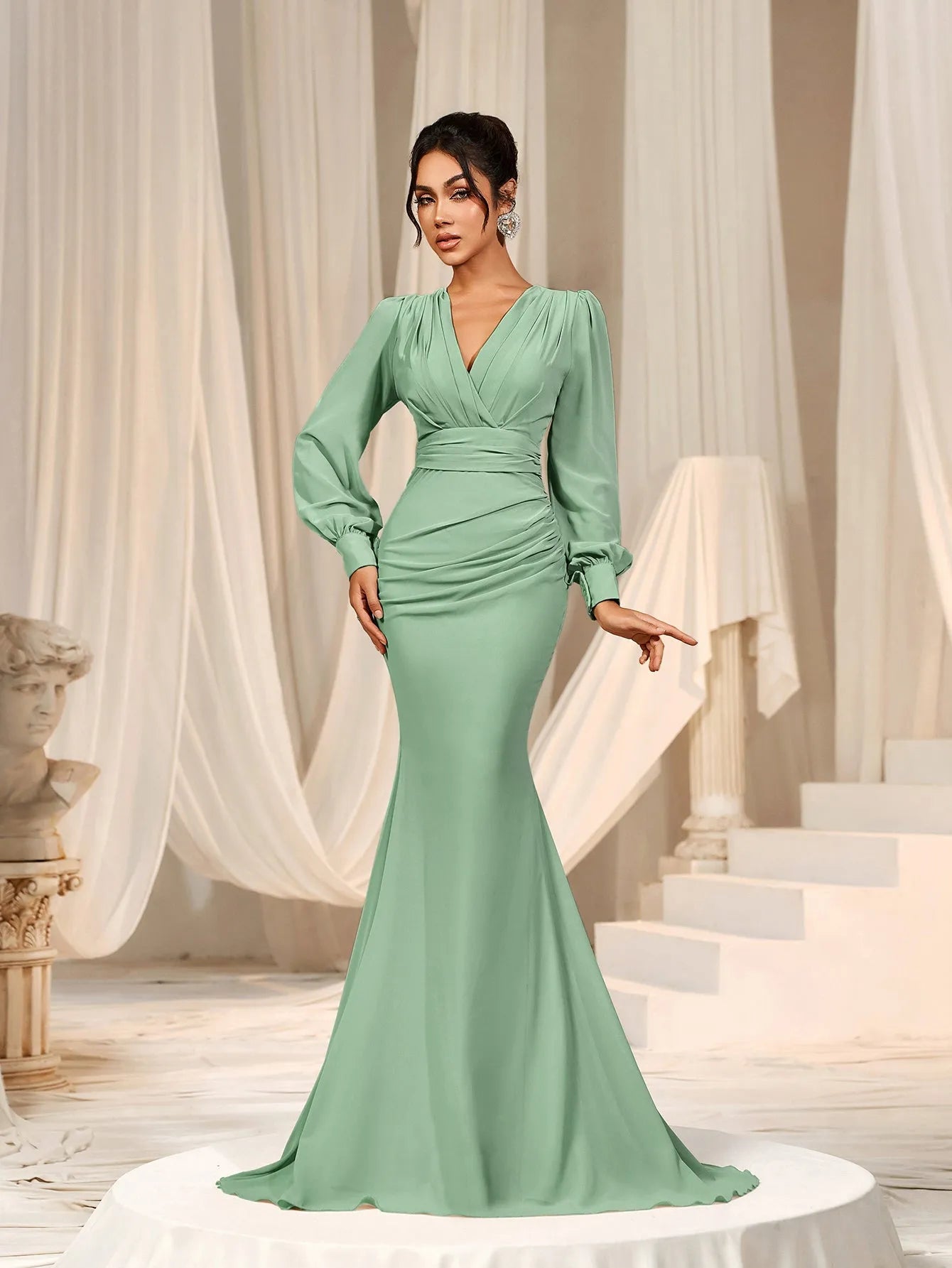 Surplice Neck Lantern Sleeve Chiffon Mermaid Dress Elonnashop Surplice Neck Lantern Sleeve Chiffon Mermaid Dress Elonnashop