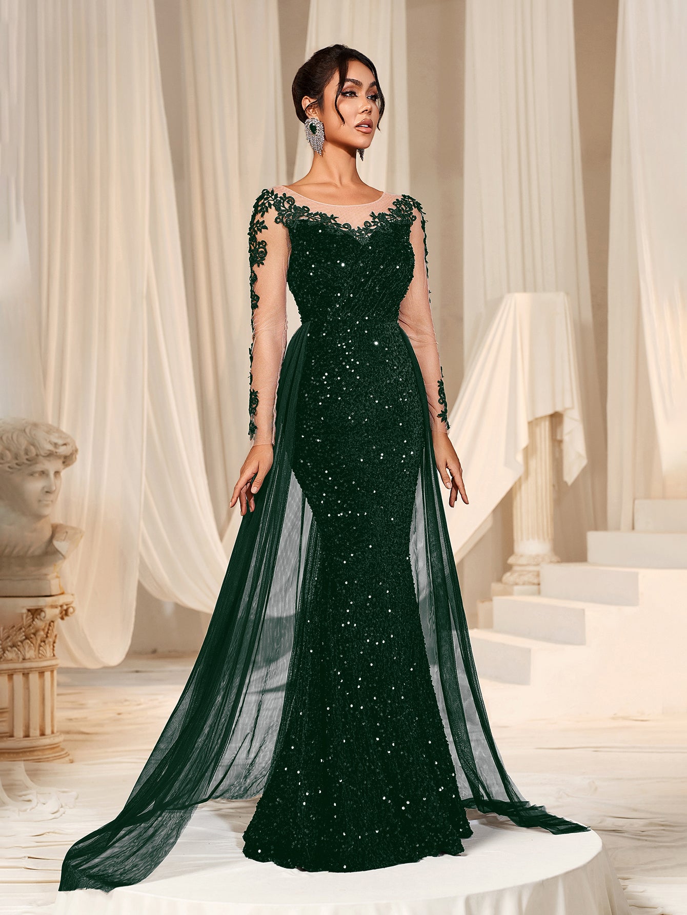 Elegant Sheer Sleeves Mesh Train Sequin Evening Dress