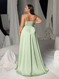 Plus Satin Spaghetti Straps Formal Evening Dress with High Slit