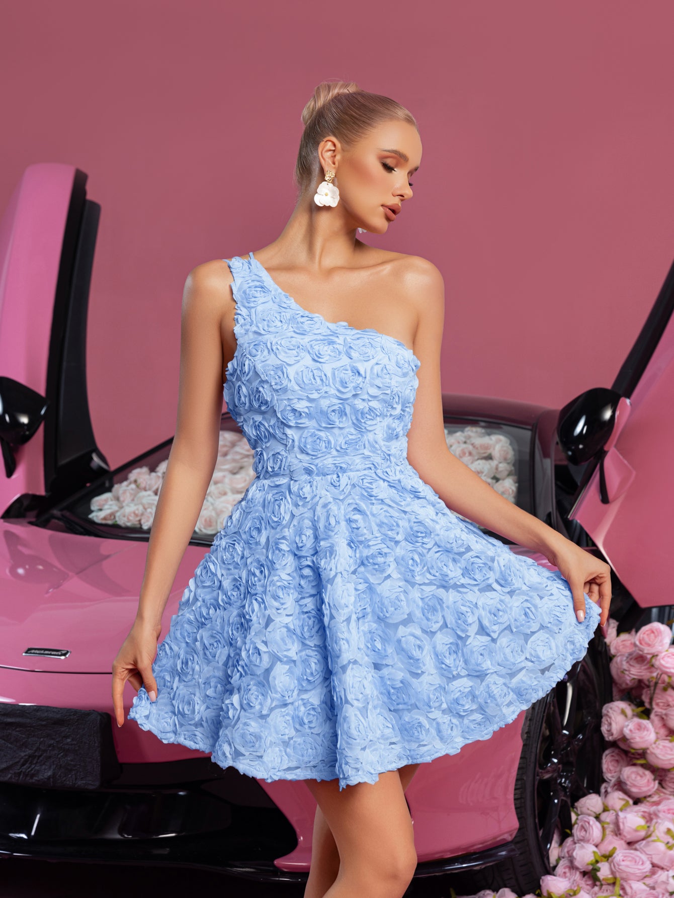 Stylish One Shoulder Backless 3D Flower Mini Party Dress Cocktail Dress