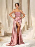 Elegant Backless Split Mermaid Hem Satin Cami Party Dress