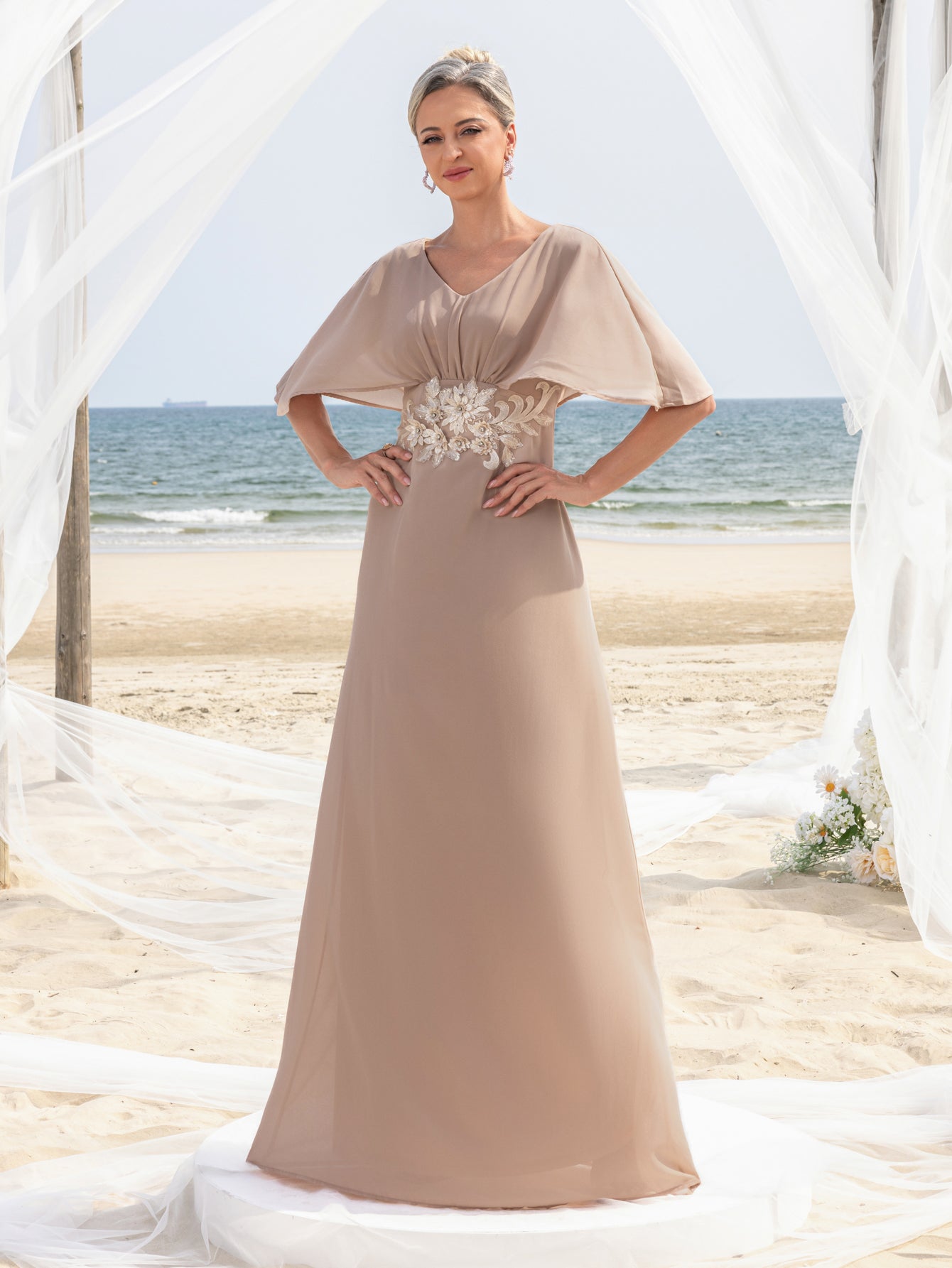 Womens' Applique Detail V Neck Chiffon Formal Dress