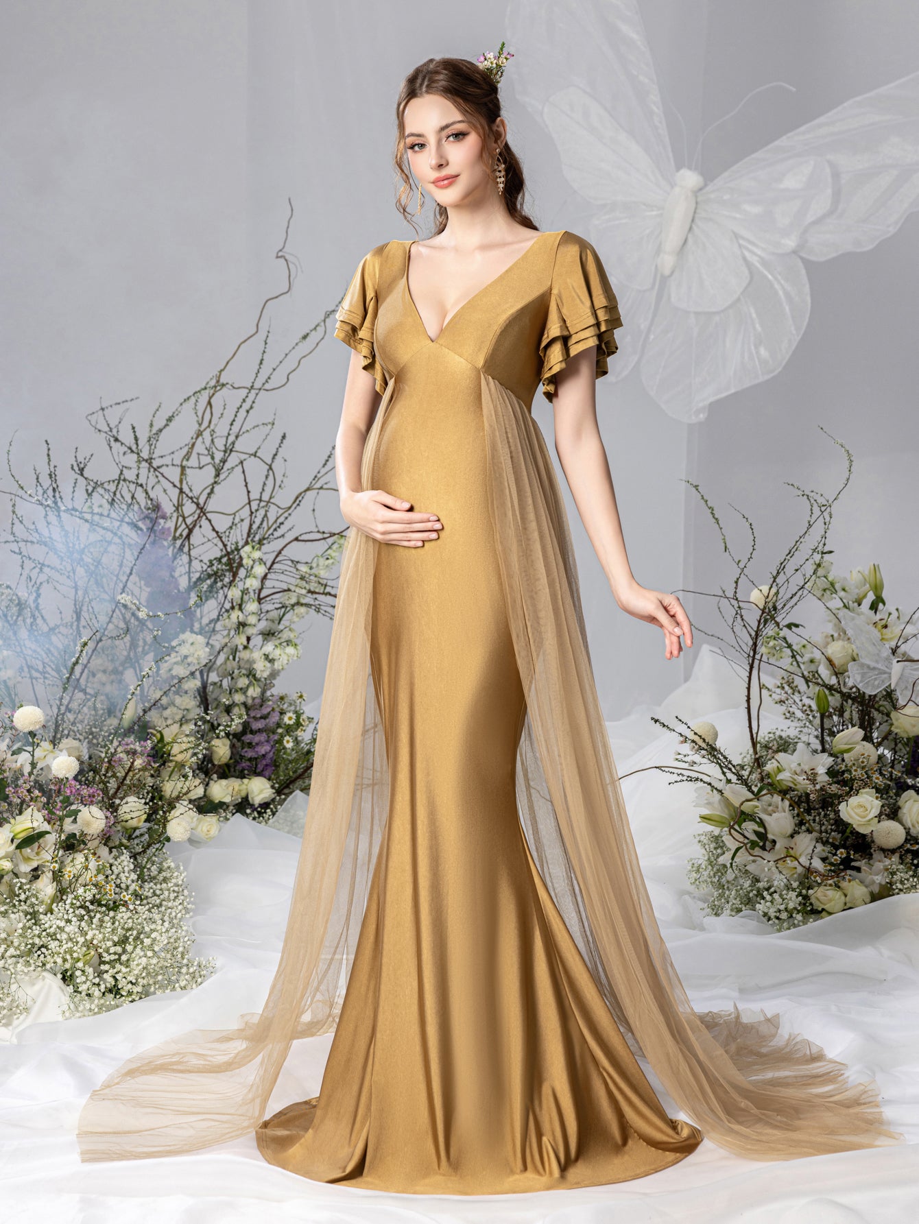 Maternity Plunging Neck Layered Ruffle Sleeve Mermaid Dress Gold / M Maternity Plunging Neck Layered Ruffle Sleeve Mermaid Dress Gold / M
