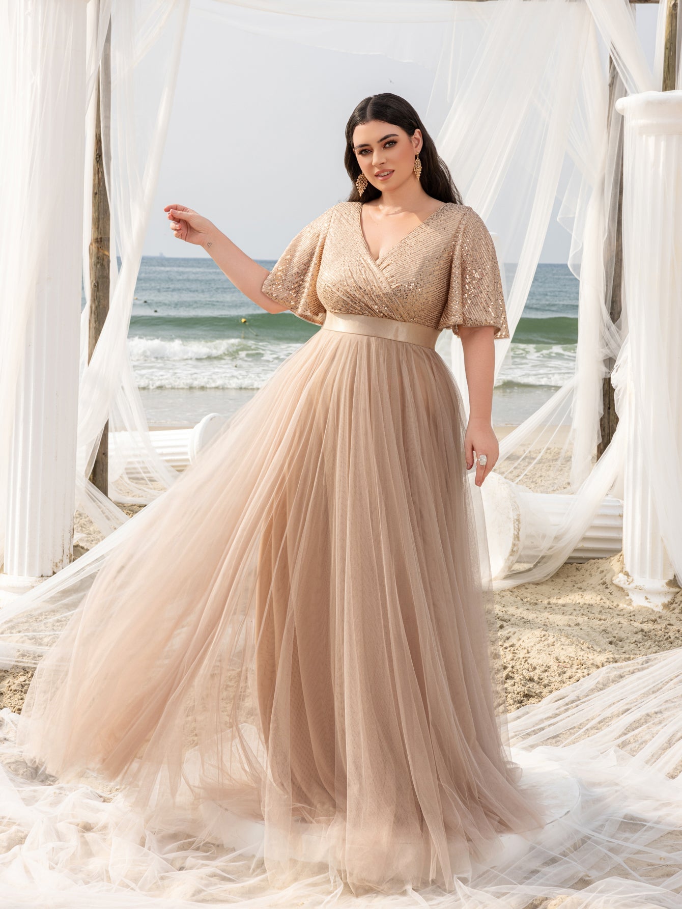 Plus Elegant Surplice Neck Butterfly Sleeves Sequin Evening Dress