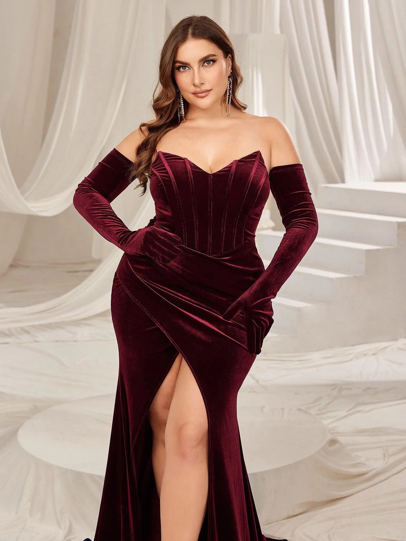 Plus Ruched Wrap Hem Velvet Tube Prom Dress（Gloves Included） - Elonnashop