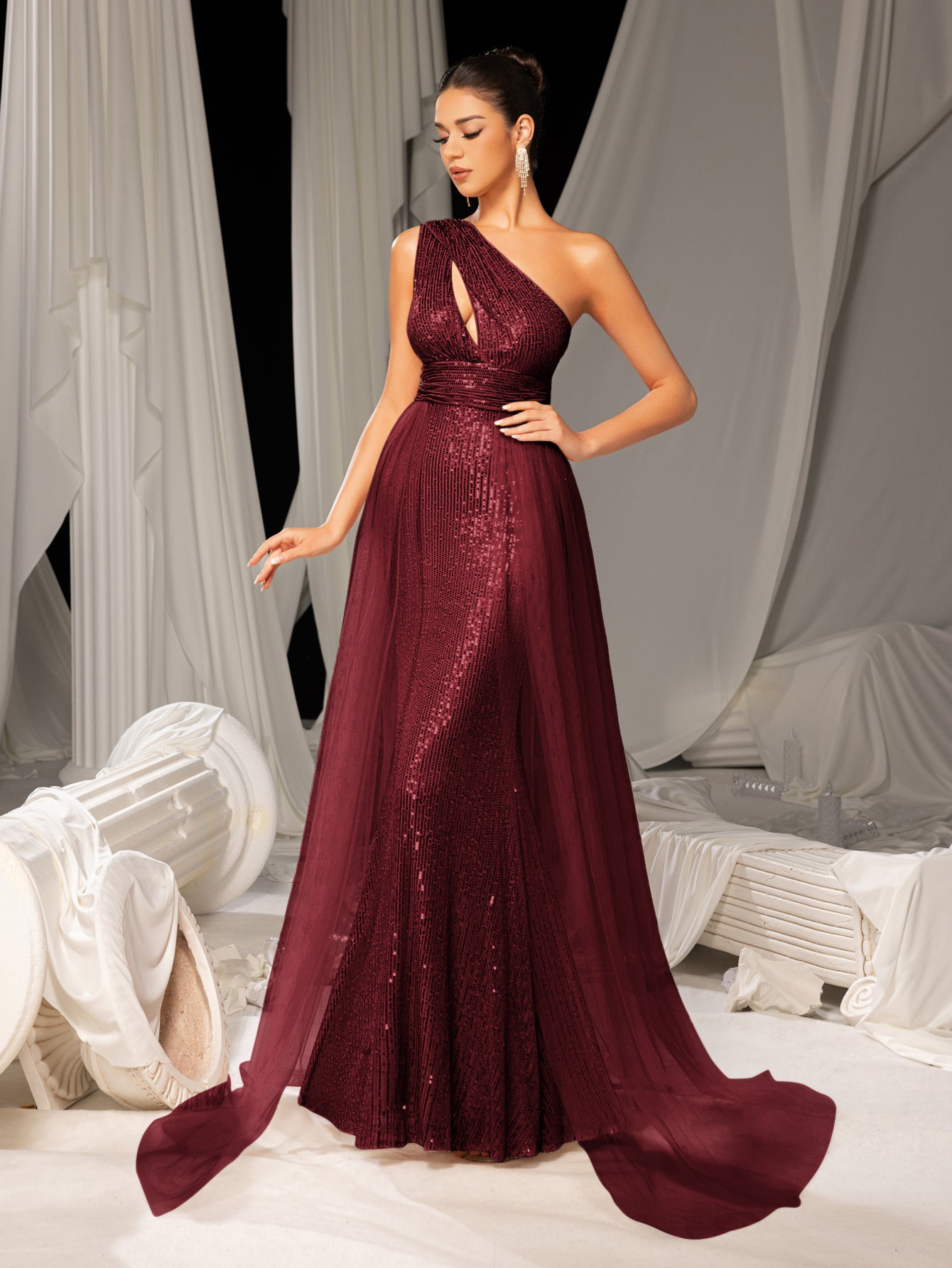 Elegant One Shoulder Sleeveless Mesh Overlay Sequin Formal Prom Dress Evening Dress