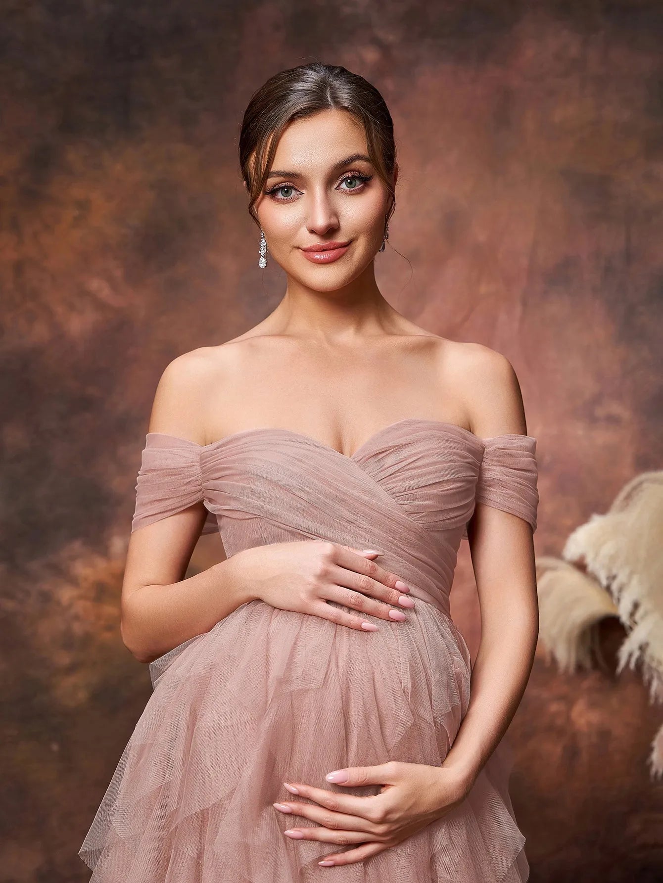 Maternity Off Shoulder Tiered Ruffle Hem Tulle Evening Dress – Elonnashop