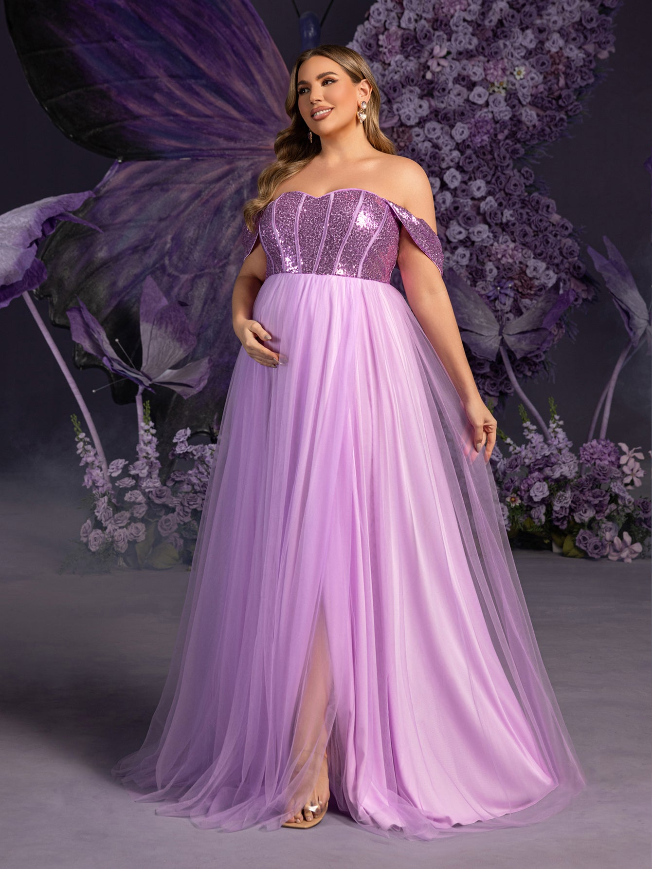 Plus Maternity Off Shoulder Sequin Bodice Contrast Tulle Evening Dress Plus Maternity Off Shoulder Sequin Bodice Contrast Tulle Evening Dress