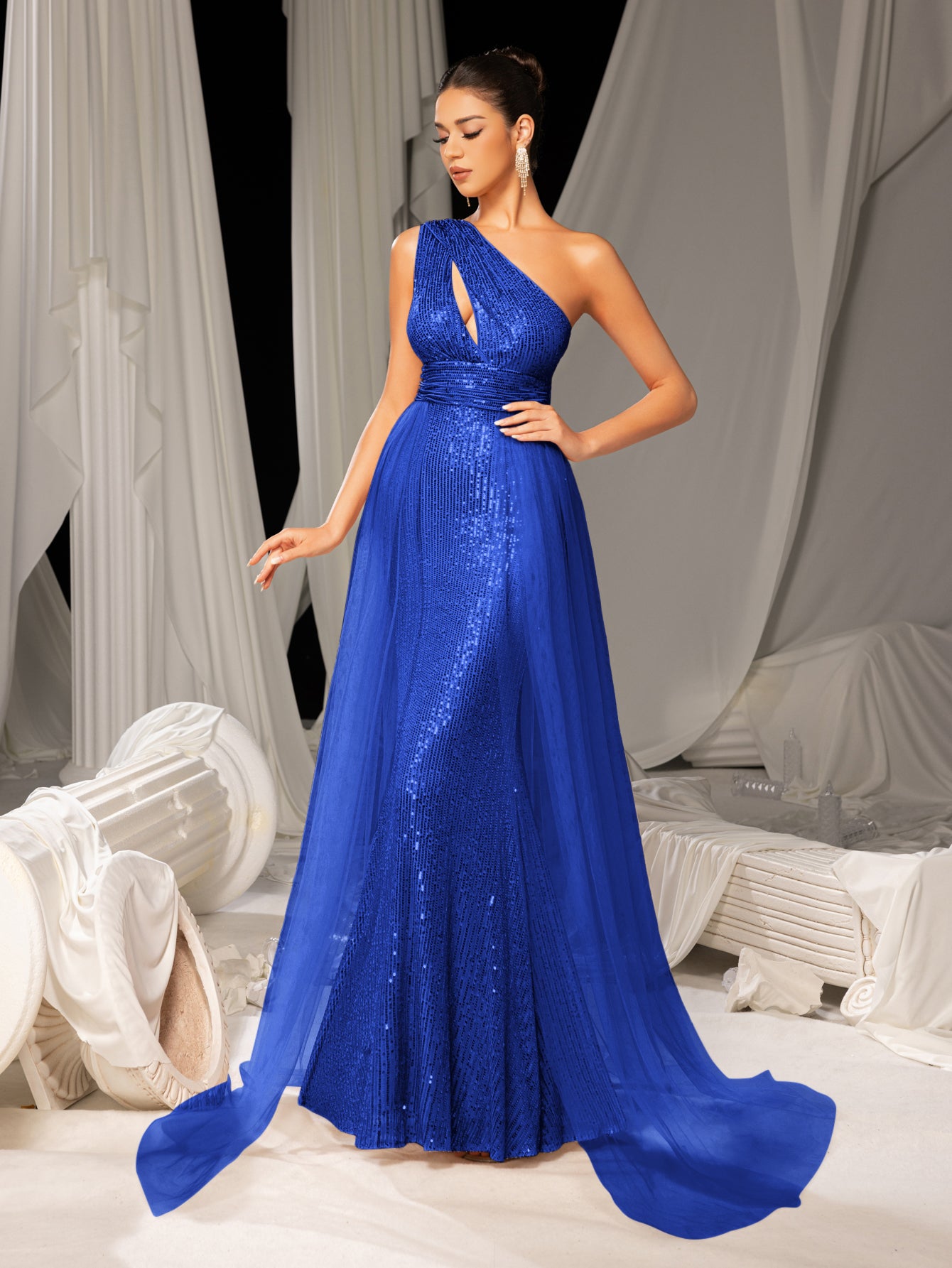 Elegant One Shoulder Sleeveless Mesh Overlay Sequin Formal Prom Dress Evening Dress