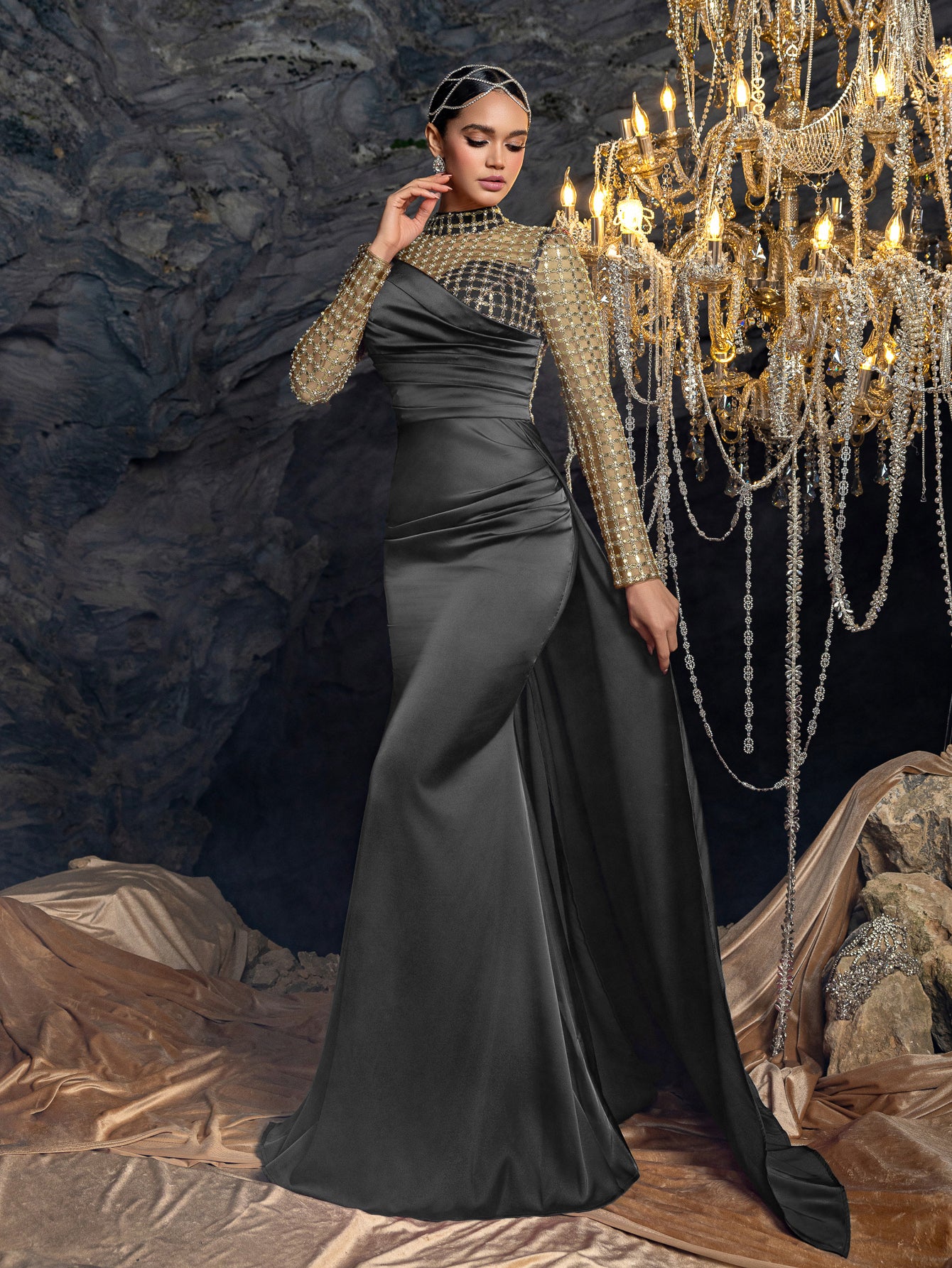 Elegant Beaded Sheer Long Sleeve Gown | High Neck & Satin Mermaid Skirt