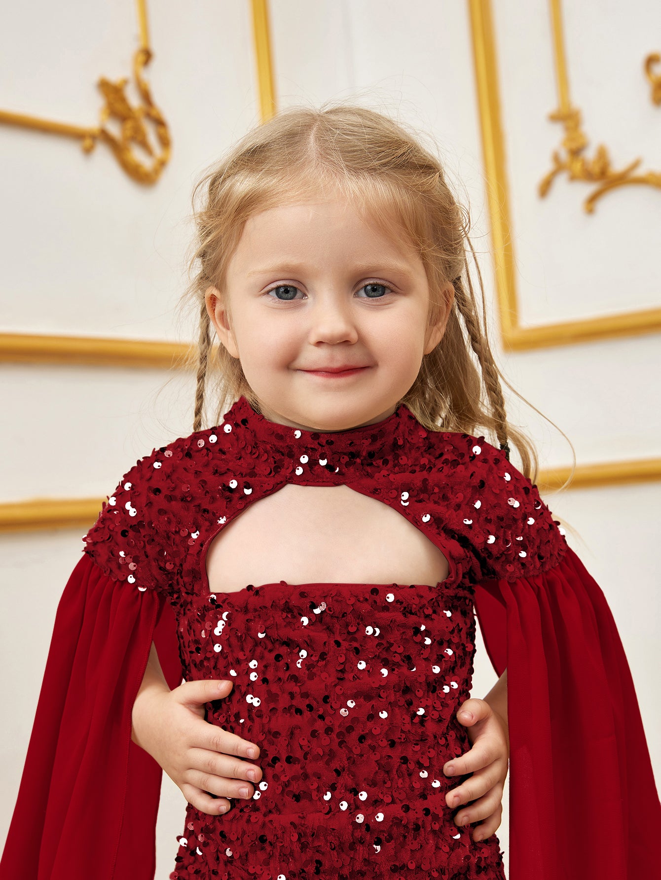 Young Girls' Mock Neck Cape Sleeves Sequin Party Dress