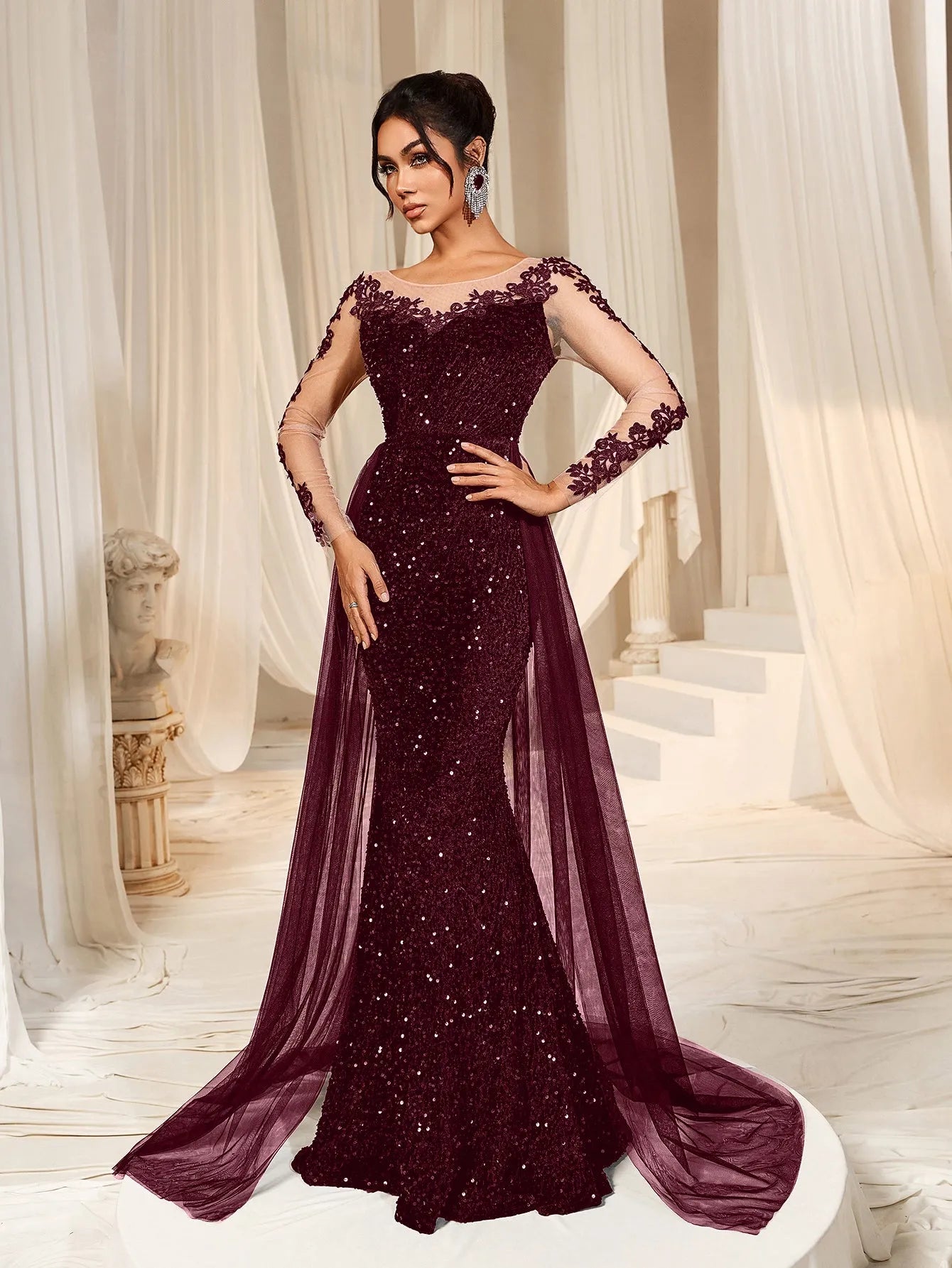 Elegant Sheer Sleeves Mesh Train Sequin Evening Dress Burgundy / L Elegant Sheer Sleeves Mesh Train Sequin Evening Dress Burgundy / L