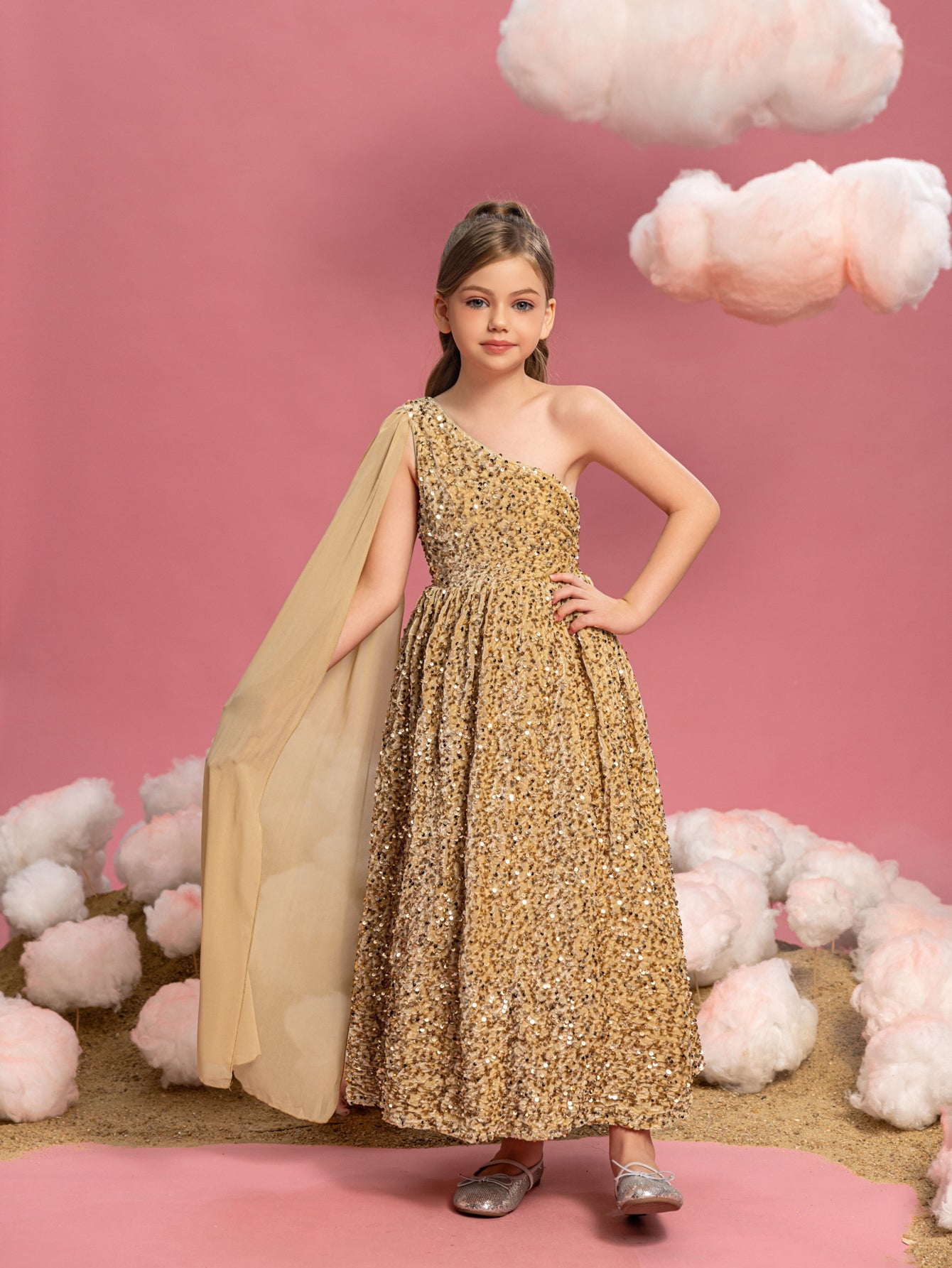 Tween Girls' One Shoulder Draped Side Sequin A Line Dress