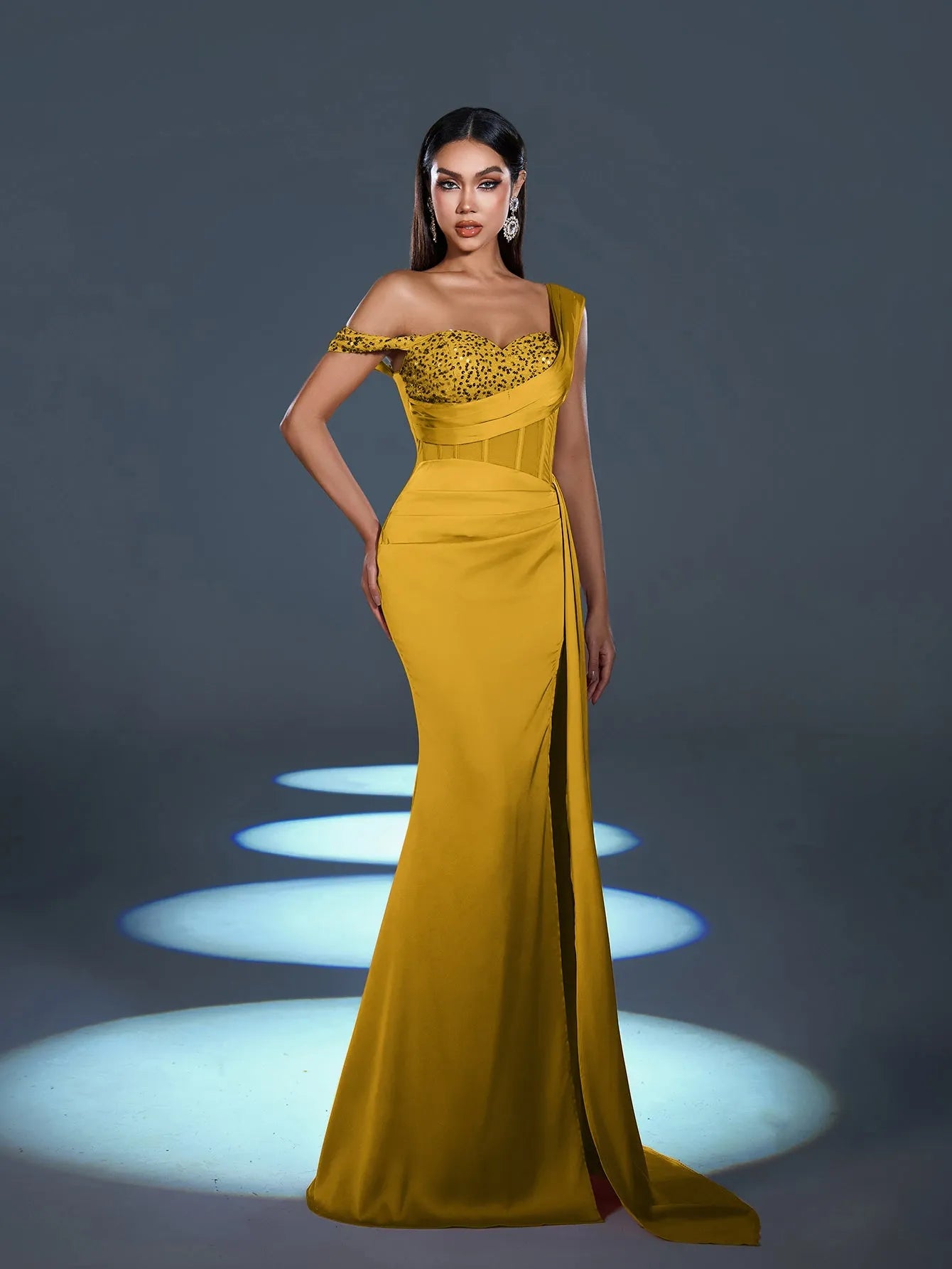 Elegant Asymmetrical Neck Split Mermaid Hem Satin Evening Dress