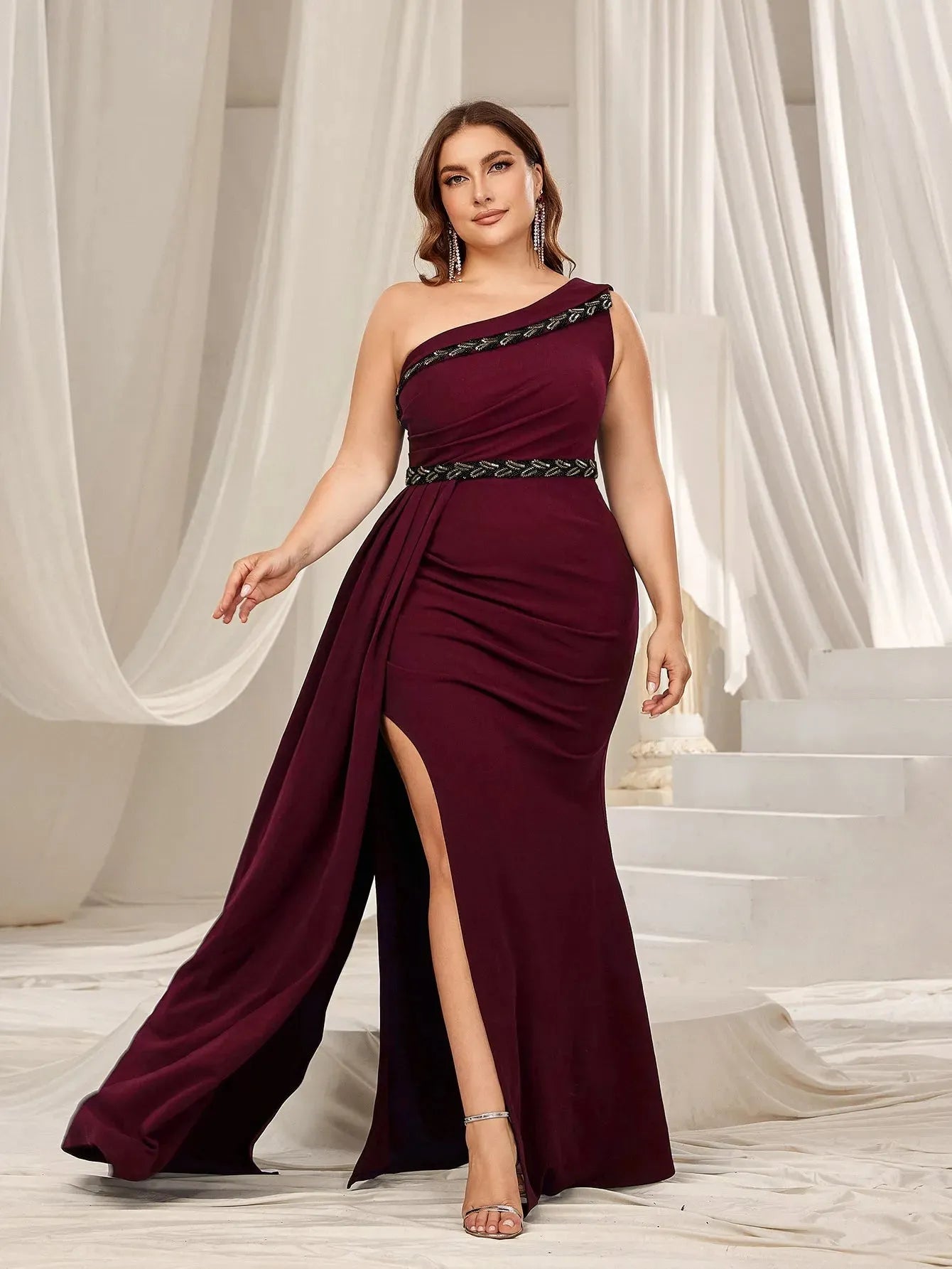 Plus One Shoulder Split Mermaid Hem Formal Evening Dress