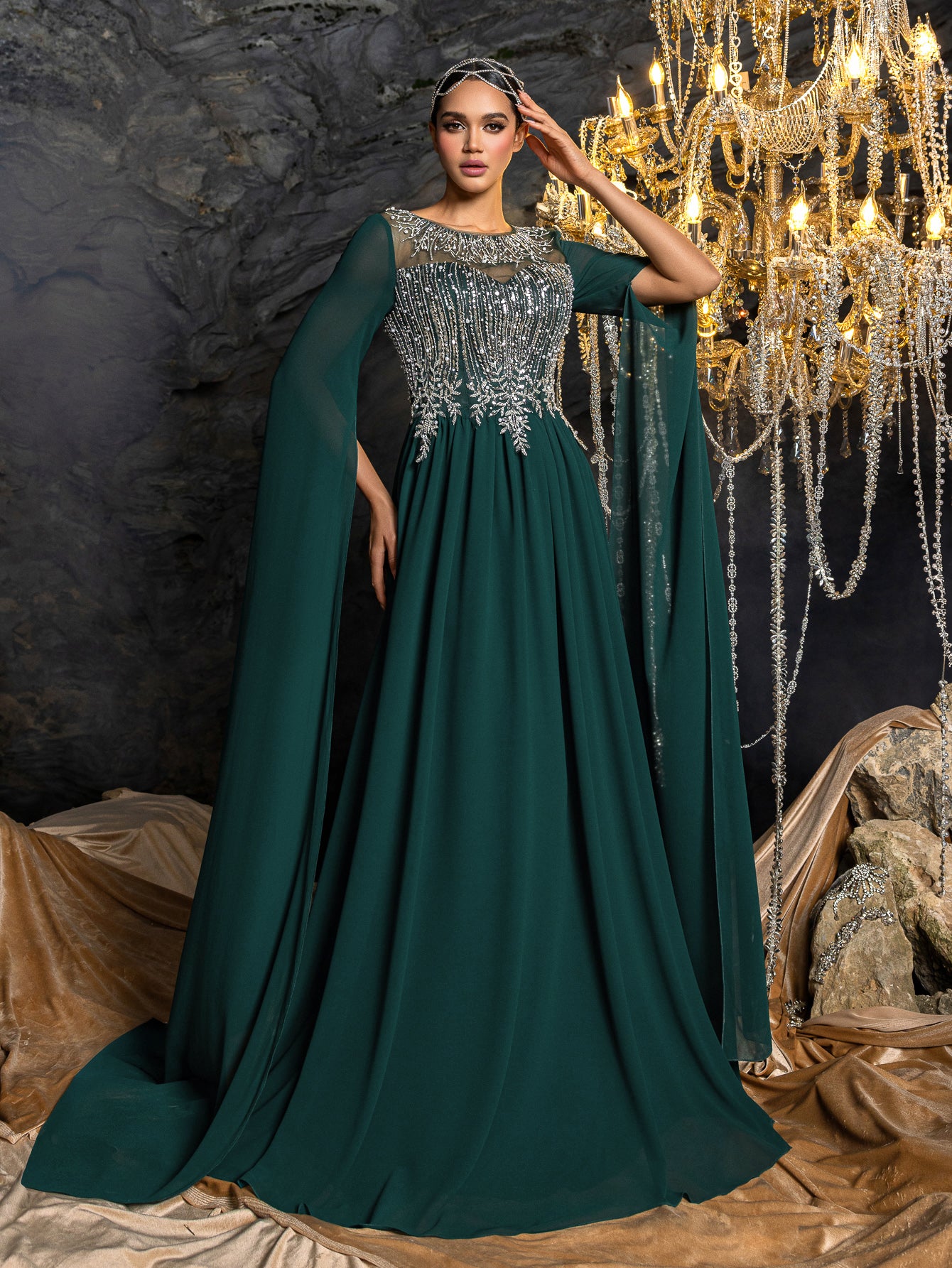 Chiffon evening gown, embroidered bodice, beaded evening dress, voluminous bell sleeves, sheer mesh neckline, sleeveless back evening gown, flowy floor-length skirt, transparent chiffon dress, elegant formal gown, lightweight chiffon evening wear, gala Chiffon evening gown, embroidered bodice, beaded evening dress, voluminous bell sleeves, sheer mesh neckline, sleeveless back evening gown, flowy floor-length skirt, transparent chiffon dress, elegant formal gown, lightweight chiffon evening wear, gala