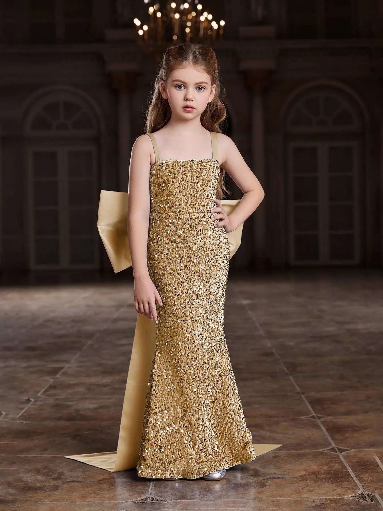 Tween Girls' Square Collar Sequin Mermaid Dress With Big Bow Elonnashop Tween Girls' Square Collar Sequin Mermaid Dress With Big Bow Elonnashop