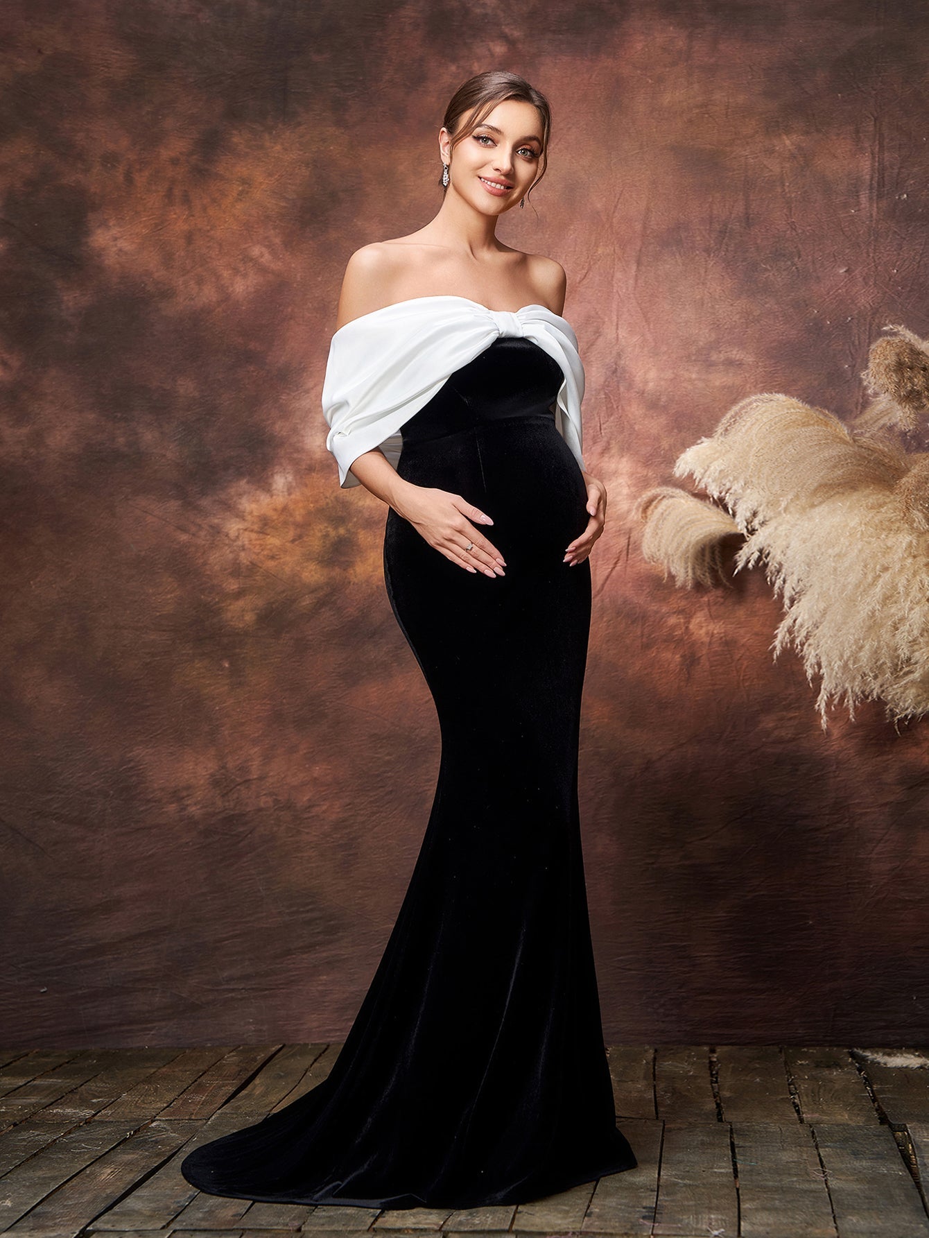 Maternity Color Block Off Shoulder Mermaid Hem Evening Dress