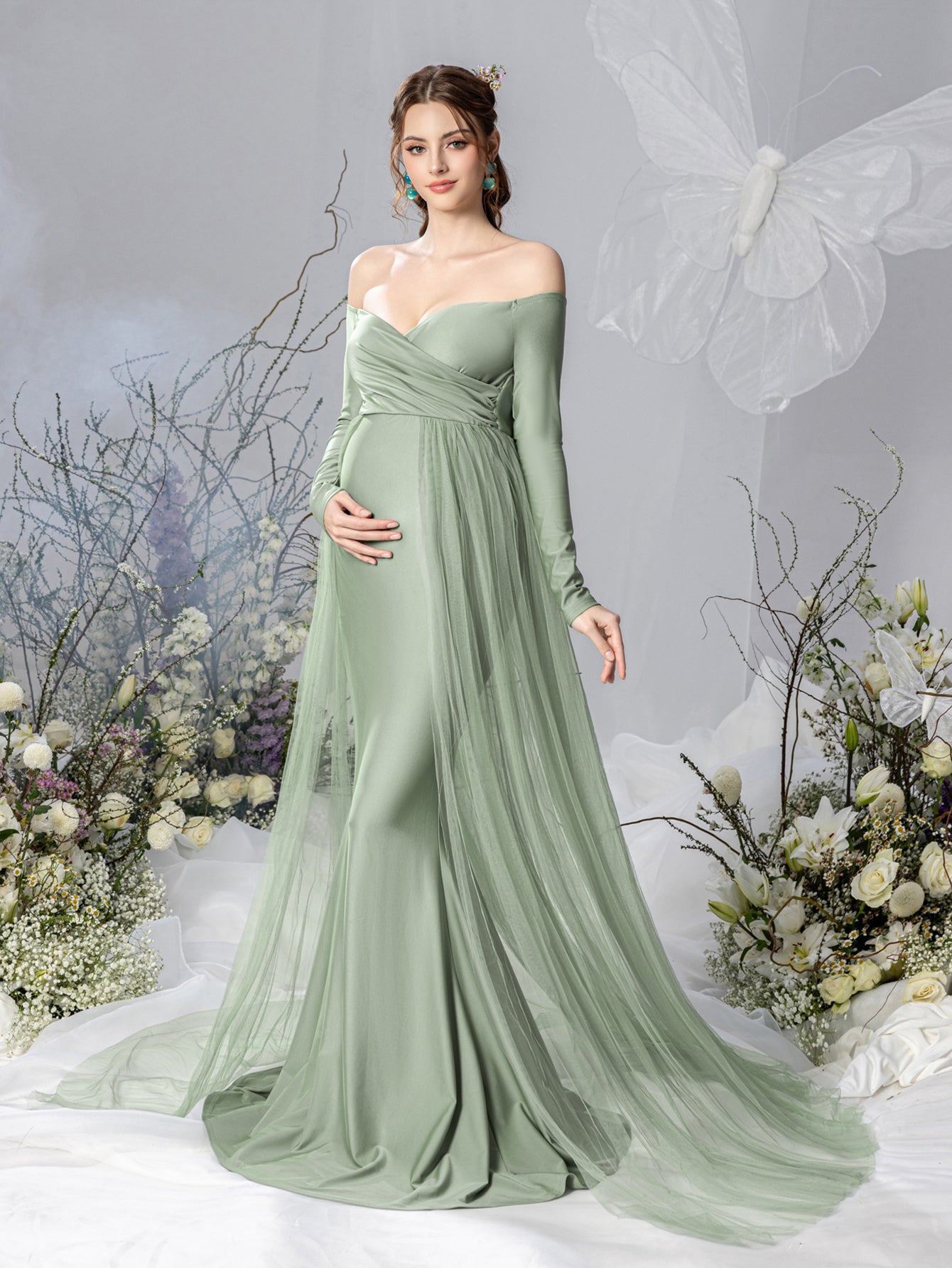 Maternity Off Shoulder Contrast Mesh Mermaid Dress