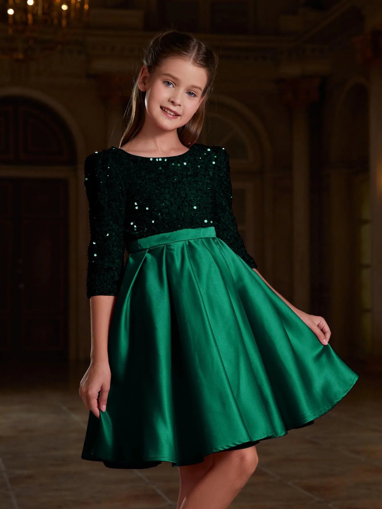 Tween Girls' Sequin Contrast Pleated Satin Hem Dress - Elonnashop