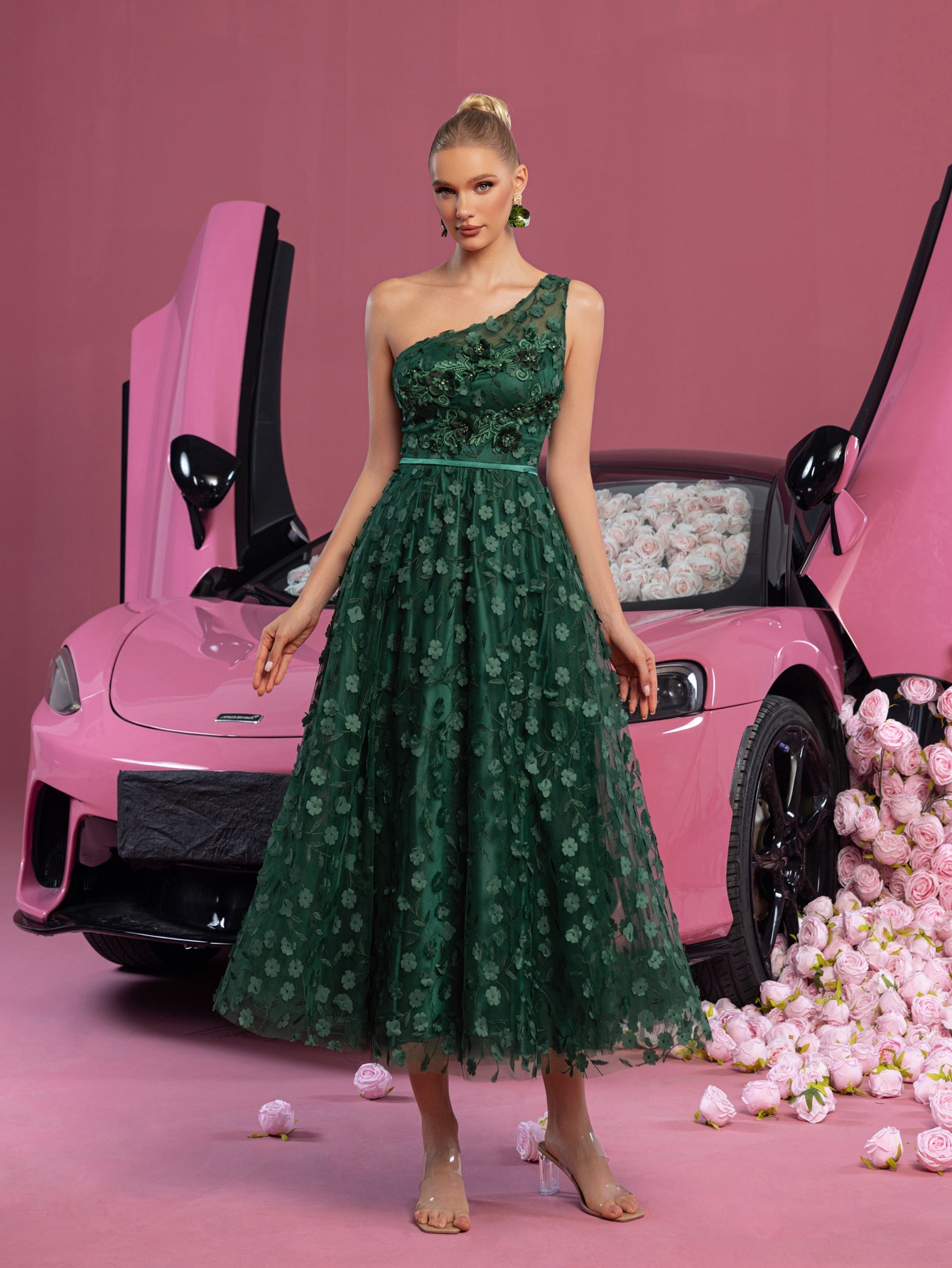 midi garden party dress Elegant Floral Applique Midi Gown with Voluminous Skirt – Spring/Summ – Elonnashop