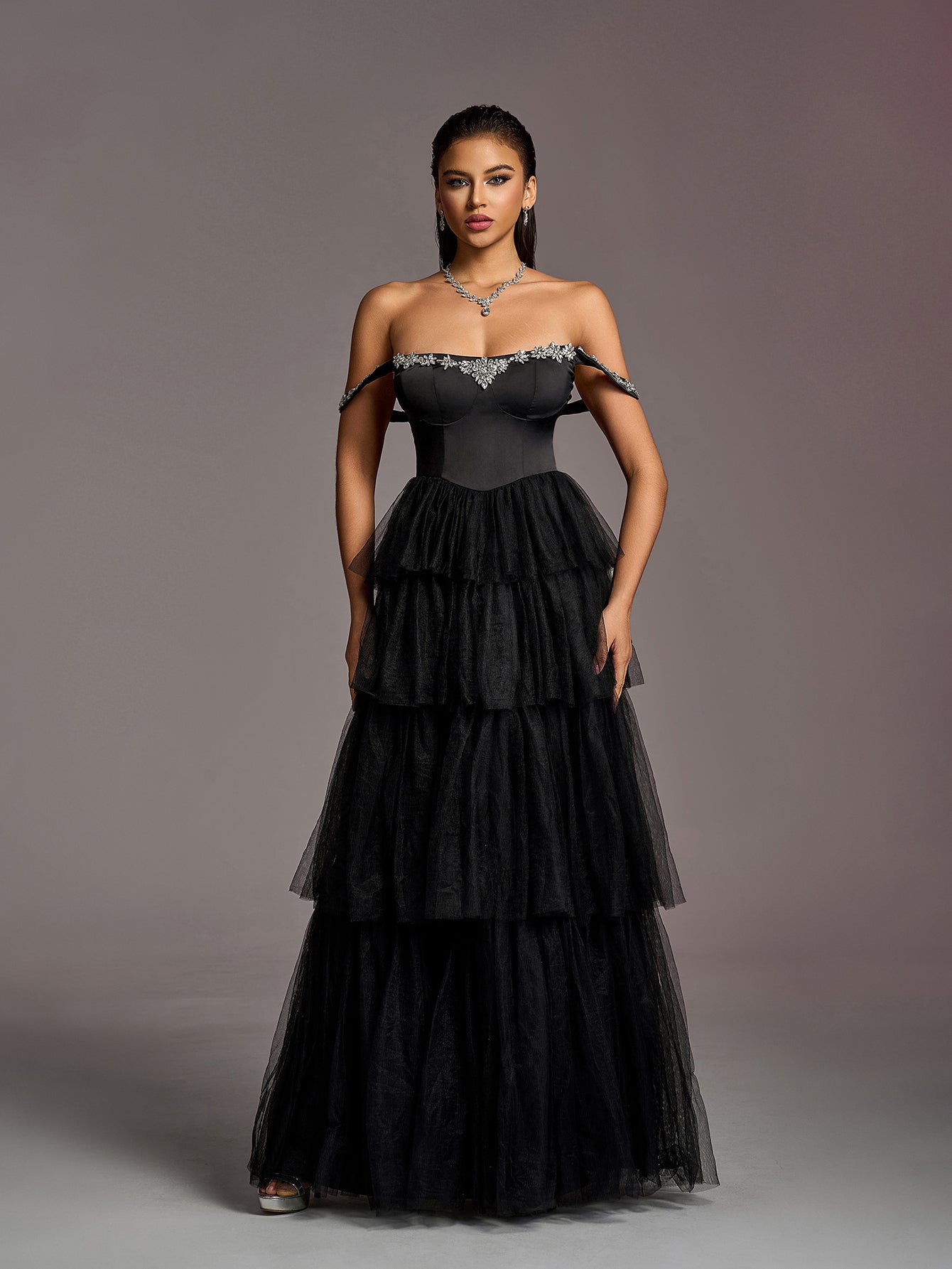 Elegant Rhinestone Decoration Off Shoulder Satin Bodice Tulle Layered Hem Prom Dress Wedding Dress