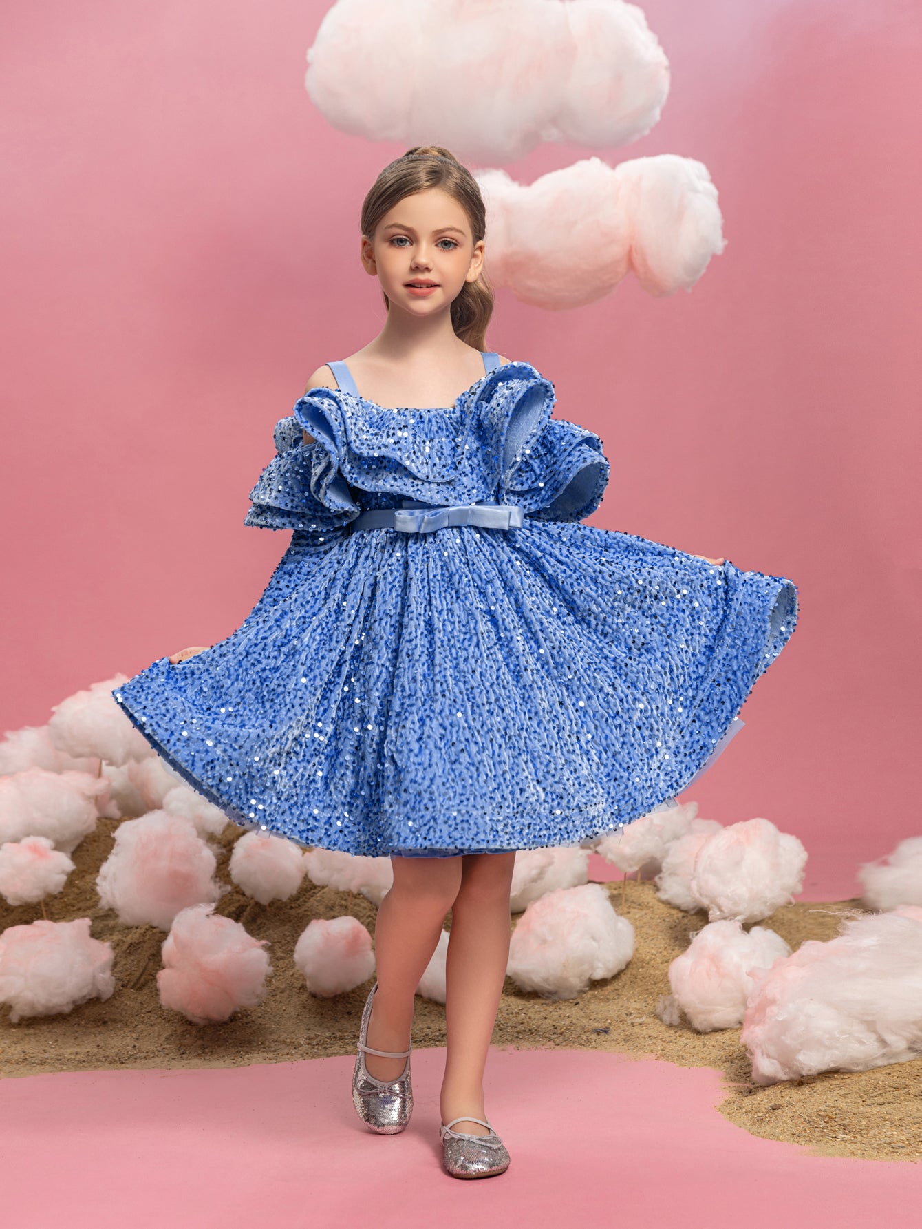 Tween Girls' Off Shoulder Layered Ruffle Trim Sequin Party Dress