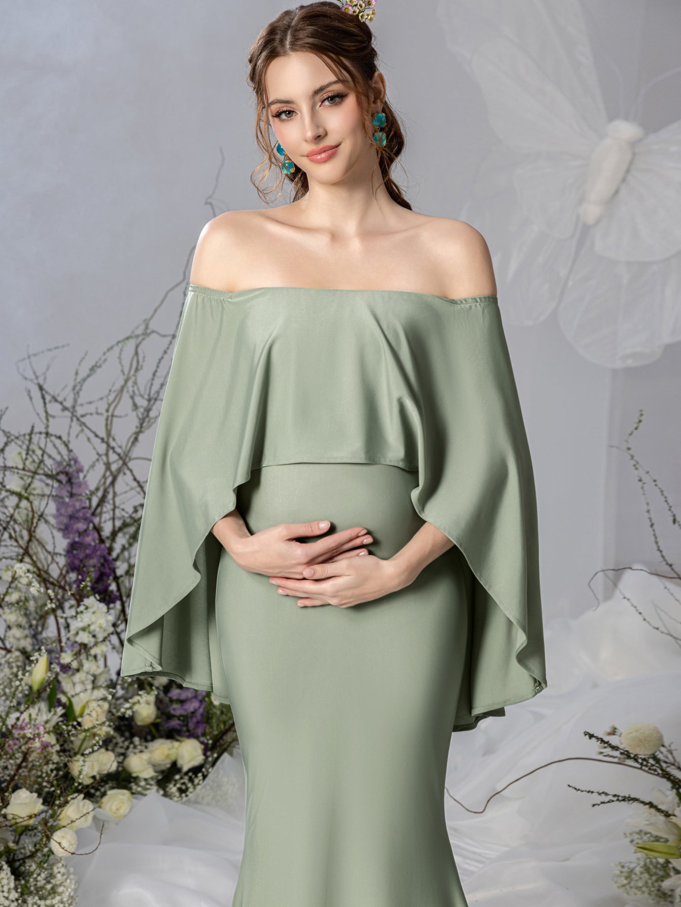 Maternity Off Shoulder Cape Sleeves Mermaid Hem Evening Dress