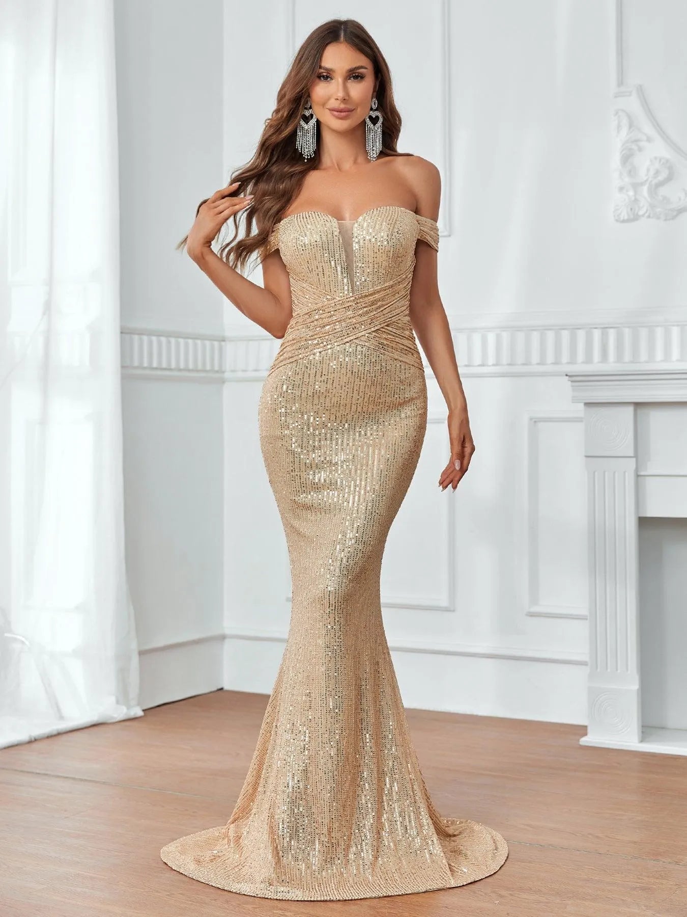 Contrast Mesh Off Shoulder Mermaid Hem Sequin Formal Dress - Elonnashop