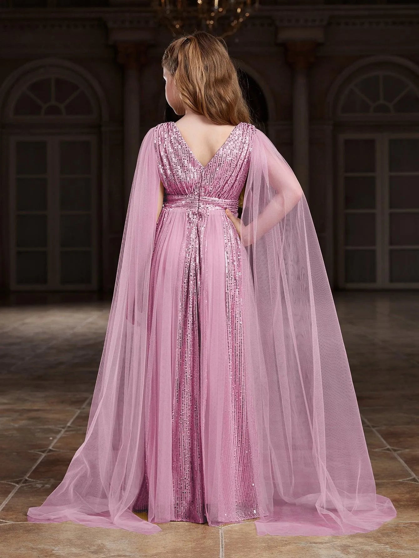 Tween Girls' Contrast Mesh Cape Sleeves Sequin Party Dress Pink / 10Y Tween Girls' Contrast Mesh Cape Sleeves Sequin Party Dress Pink / 10Y