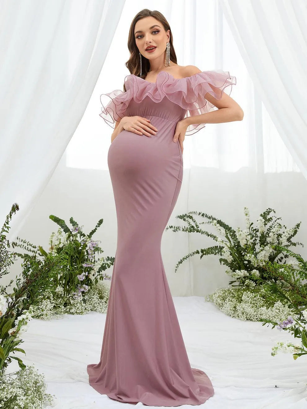 Maternity Ruffle Trim Off Shoulder Mermaid Hem Party Dress - Elonnashop