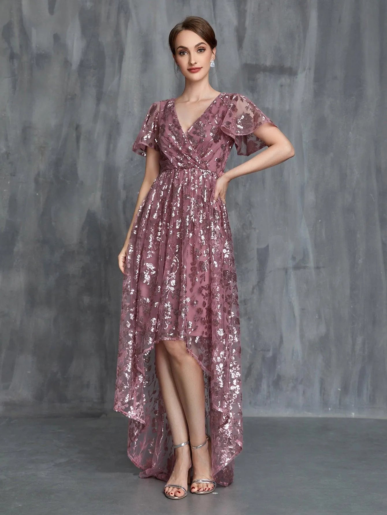 womens sparkle party dresses Womens' Surplice Neck High Low Hem Sequin Party Dress – Elonnashop
