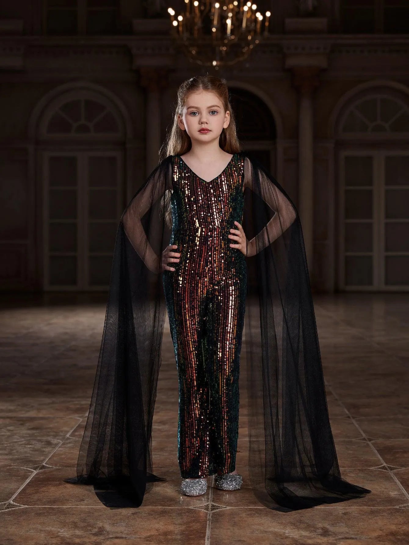 Tween Girls' V Neck Mesh Cape Sleeves Sequin Jumpsuit - Elonnashop