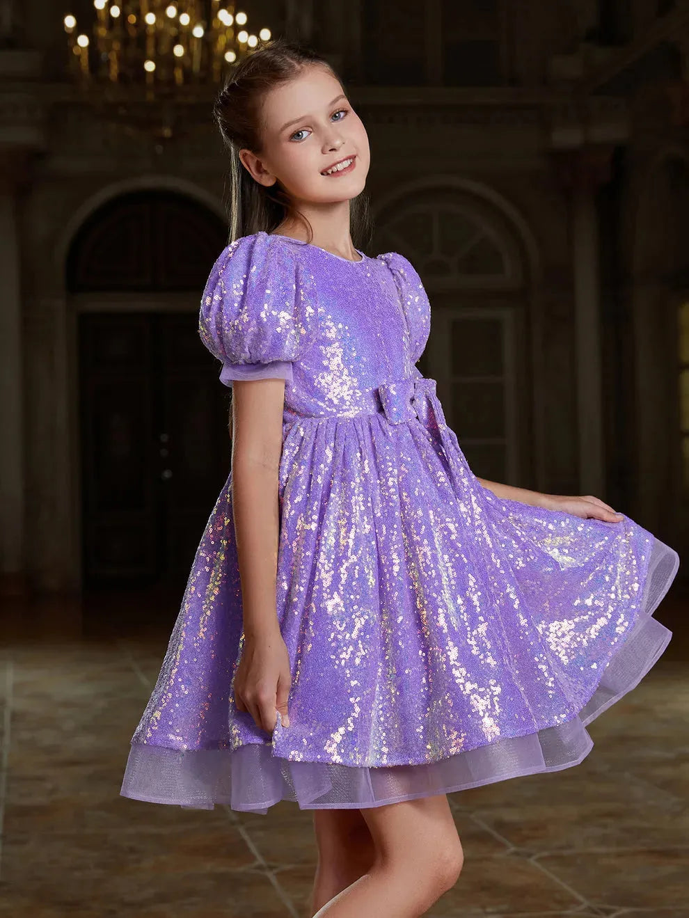 Tween Girls' Cute Bow Front Puff Sleeve Sequin Party Dress