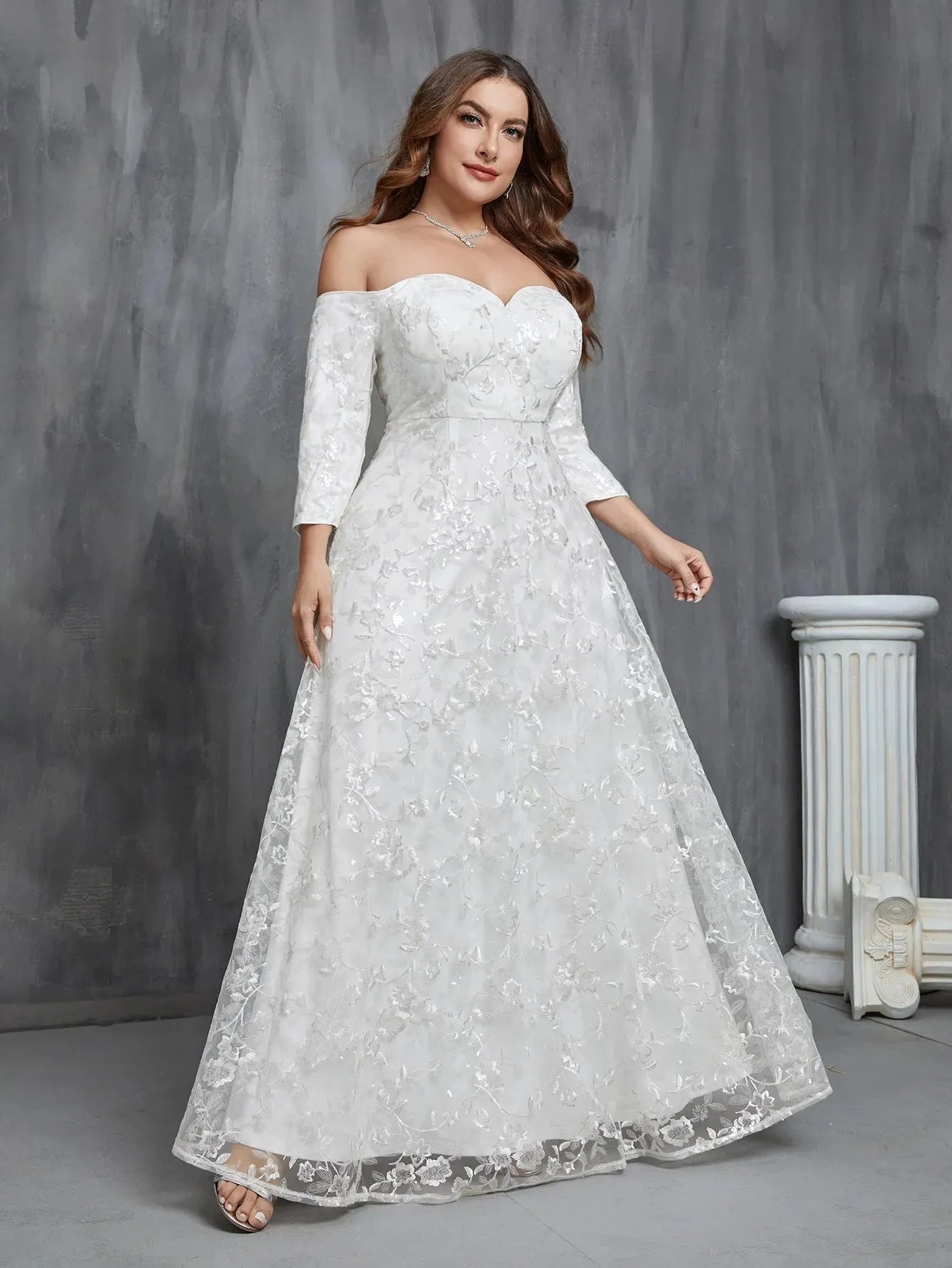 Plus Off Shoulder 3/4 Sleeves Sequin Wedding Dress