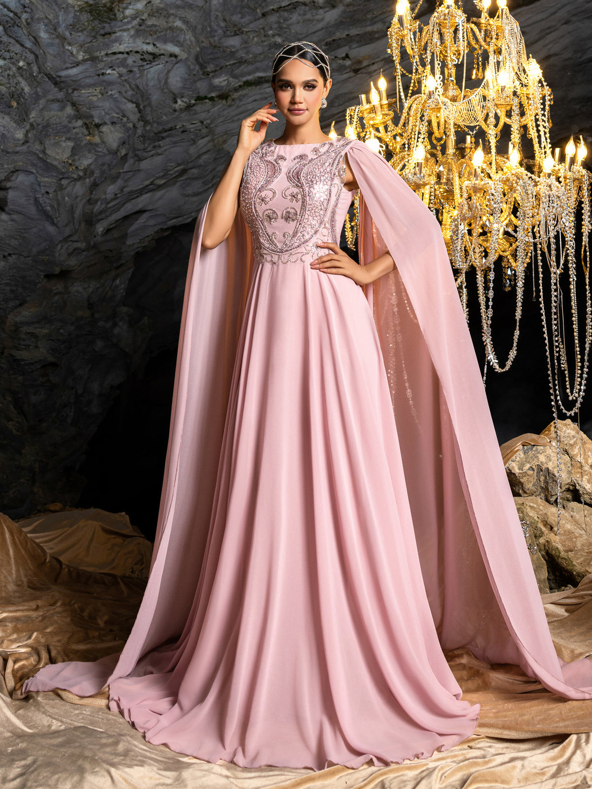 Gorgeous Open Back Formal Gown | Embroidered Bodice with Dramatic Cape Sleeves