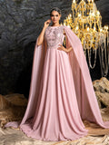 Gorgeous Open Back Formal Gown | Embroidered Bodice with Dramatic Cape Sleeves