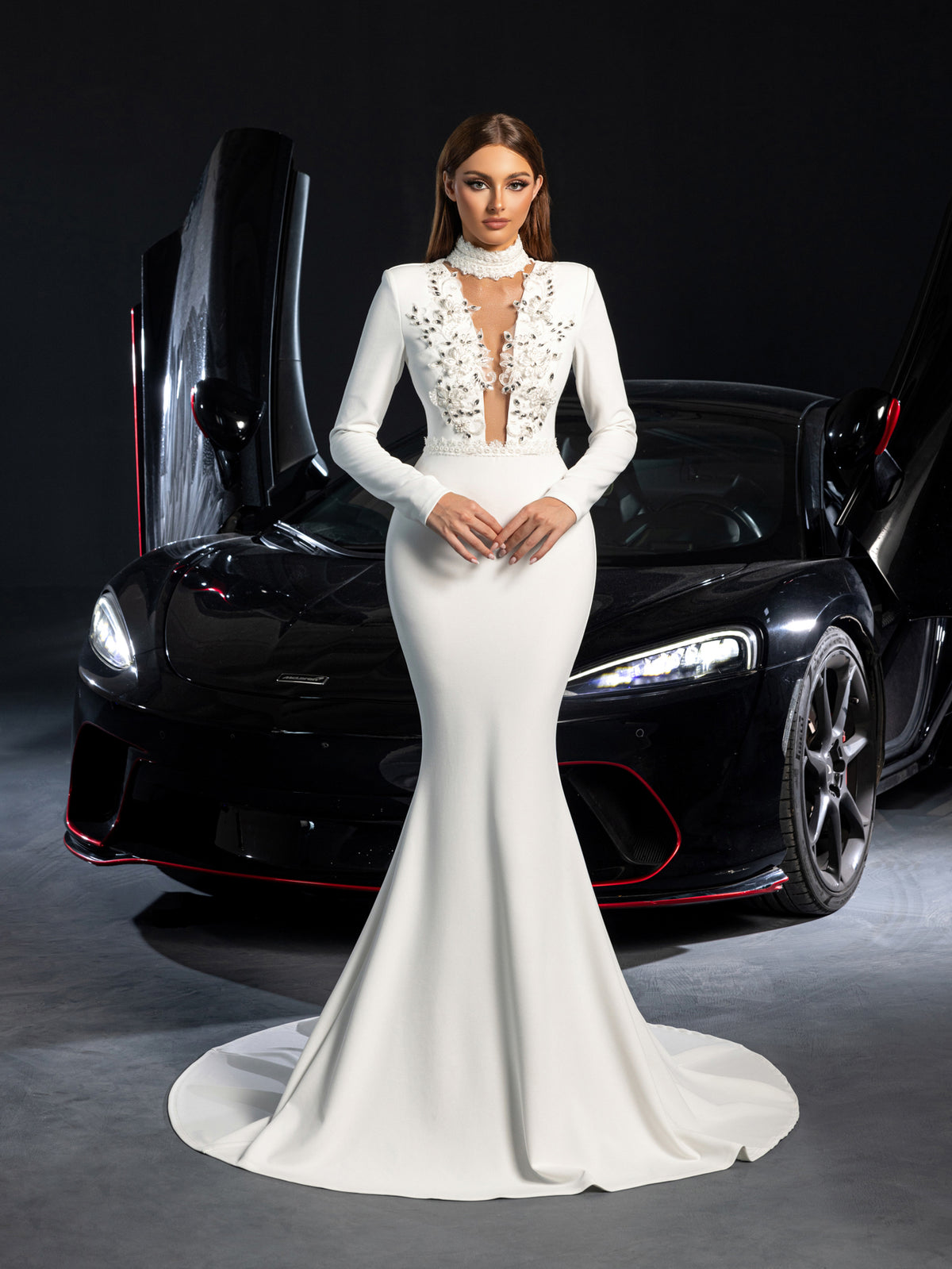 Elegant Applique Embellished Mock Neck Long Sleeves Mermaid Hem Wedding Dress