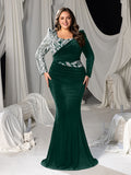 Plus Velvet Mermaid Gown with Sweetheart Neckline, Long Sleeves and Sequins Embroidery