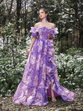 Elegant Ruffle Trim Off Shoulder Floral Organza Prom Dress - Elonnashop